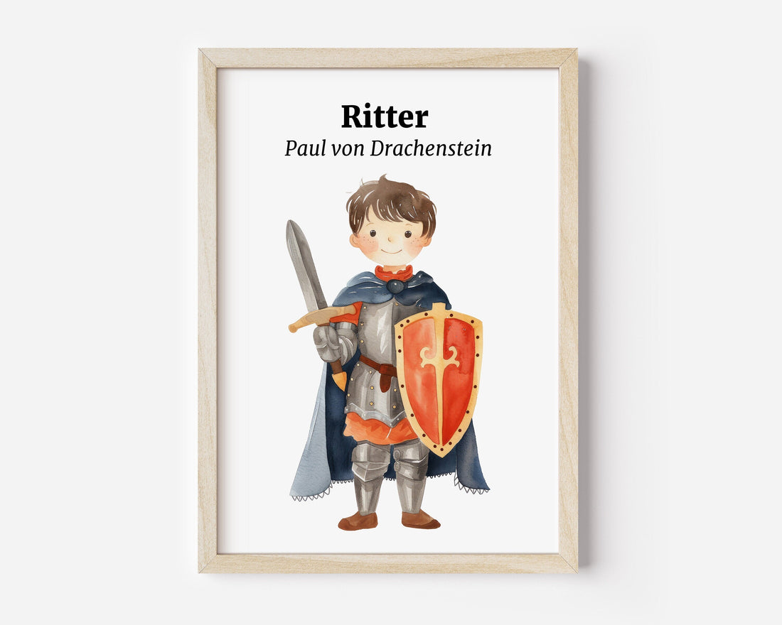 Ritter Poster Personalisierbar mit Namen Poster Wohnung Geschenk Kindergeburtstag Poster für Kinderzimmer Poster Ritter Watercolor