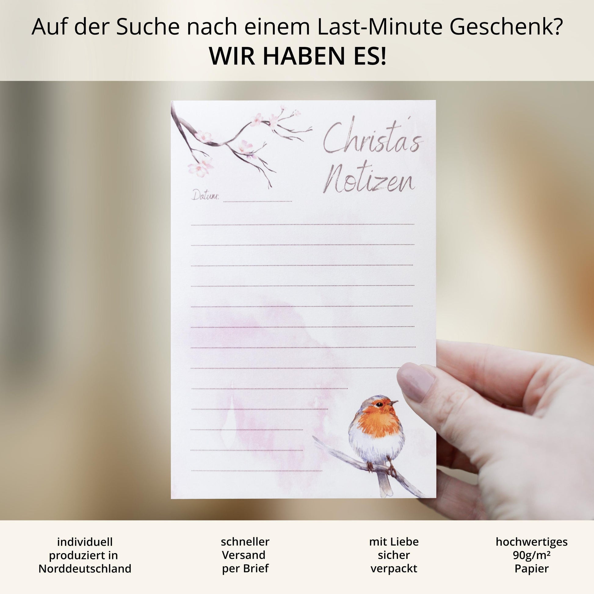 Notizblock Rotkehlchen personalisierbar mit Namen To Do Liste Notizblock für Studenten Schreibblock Bürobedarf Geschenk Kollege