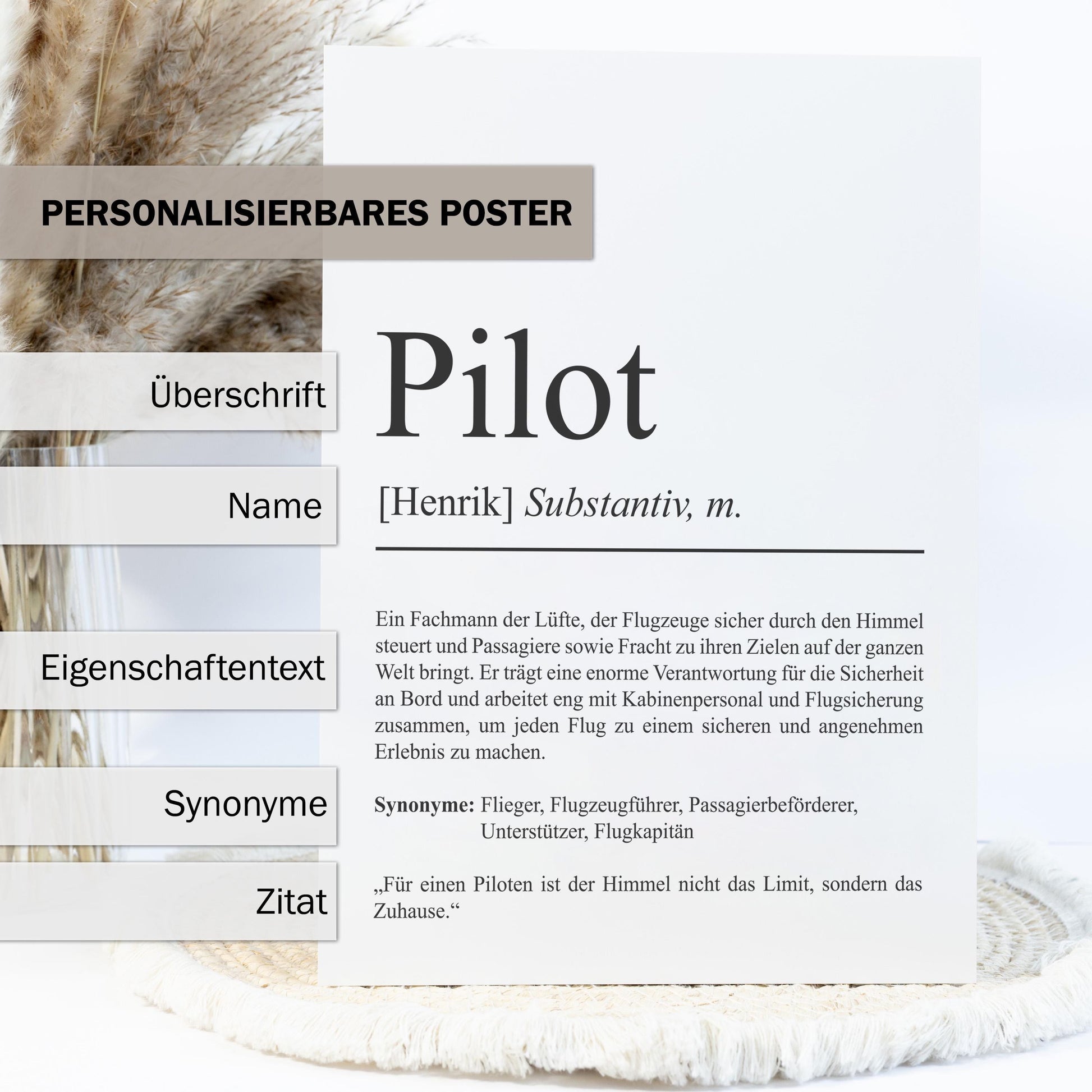 Pilot Definition Poster personalisierbar mit Namen Beruf Poster Pilot Geschenk Einzug Geburtstag Geschenk Pilot Poster Beruf