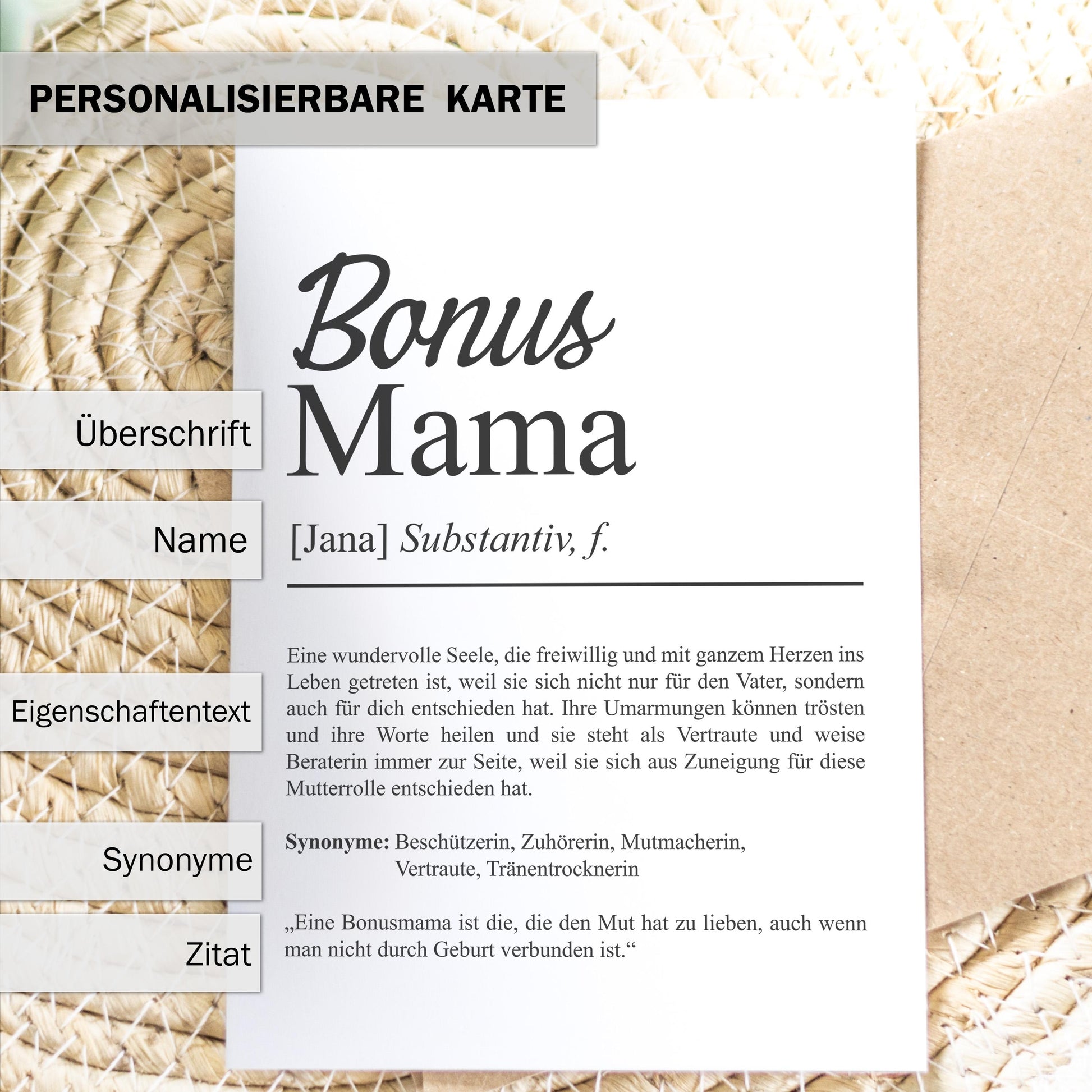 Bonusmama Definition Karte personalisierbar mit Namen Stiefmutter Grußkarte Geschenk für Stiefmutter Postkarte Definition Bonusmama