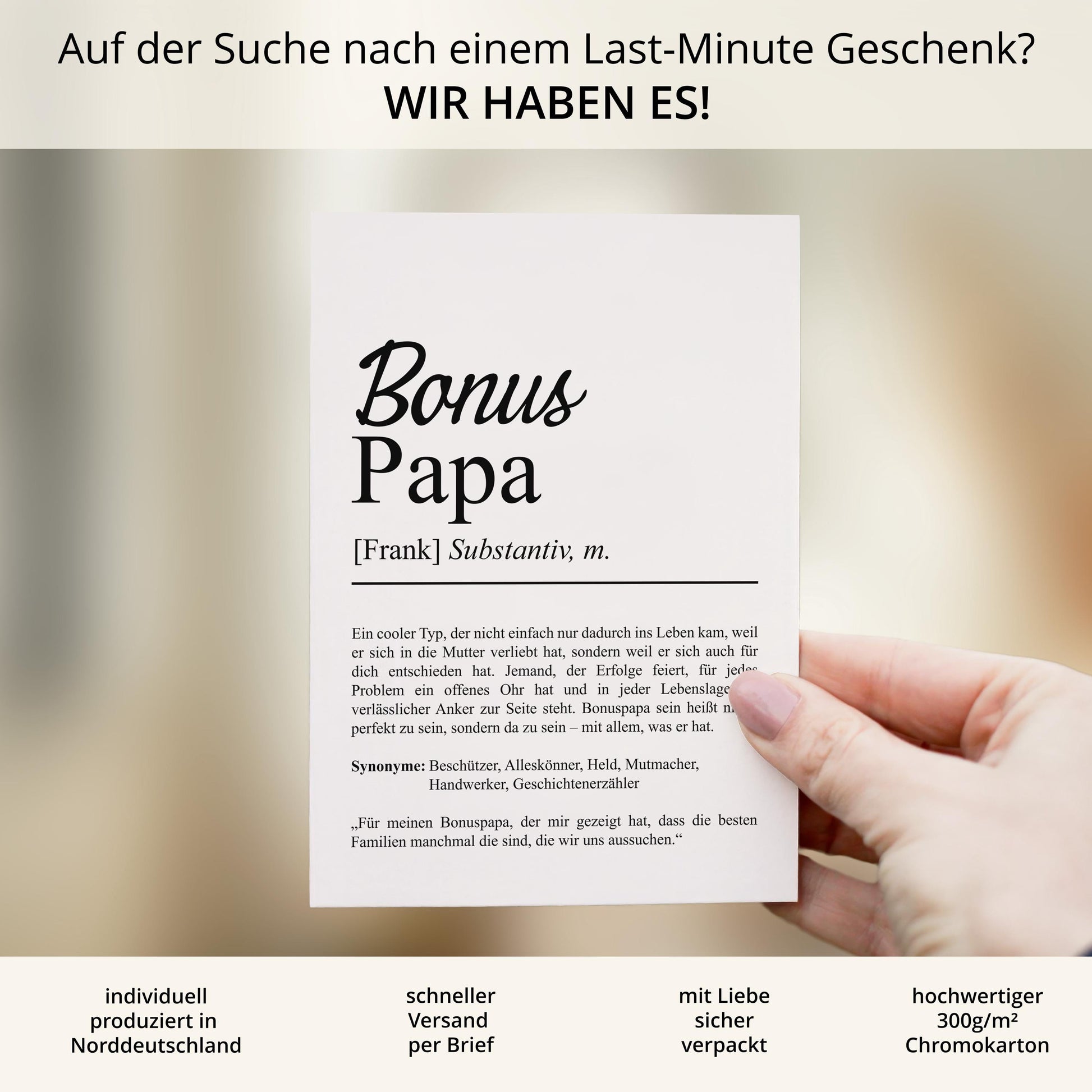 Bonuspapa Definition Karte personalisierbar mit Namen Stiefvater Grußkarte Geschenk für Stiefvater Postkarte Definition Bonuspapa