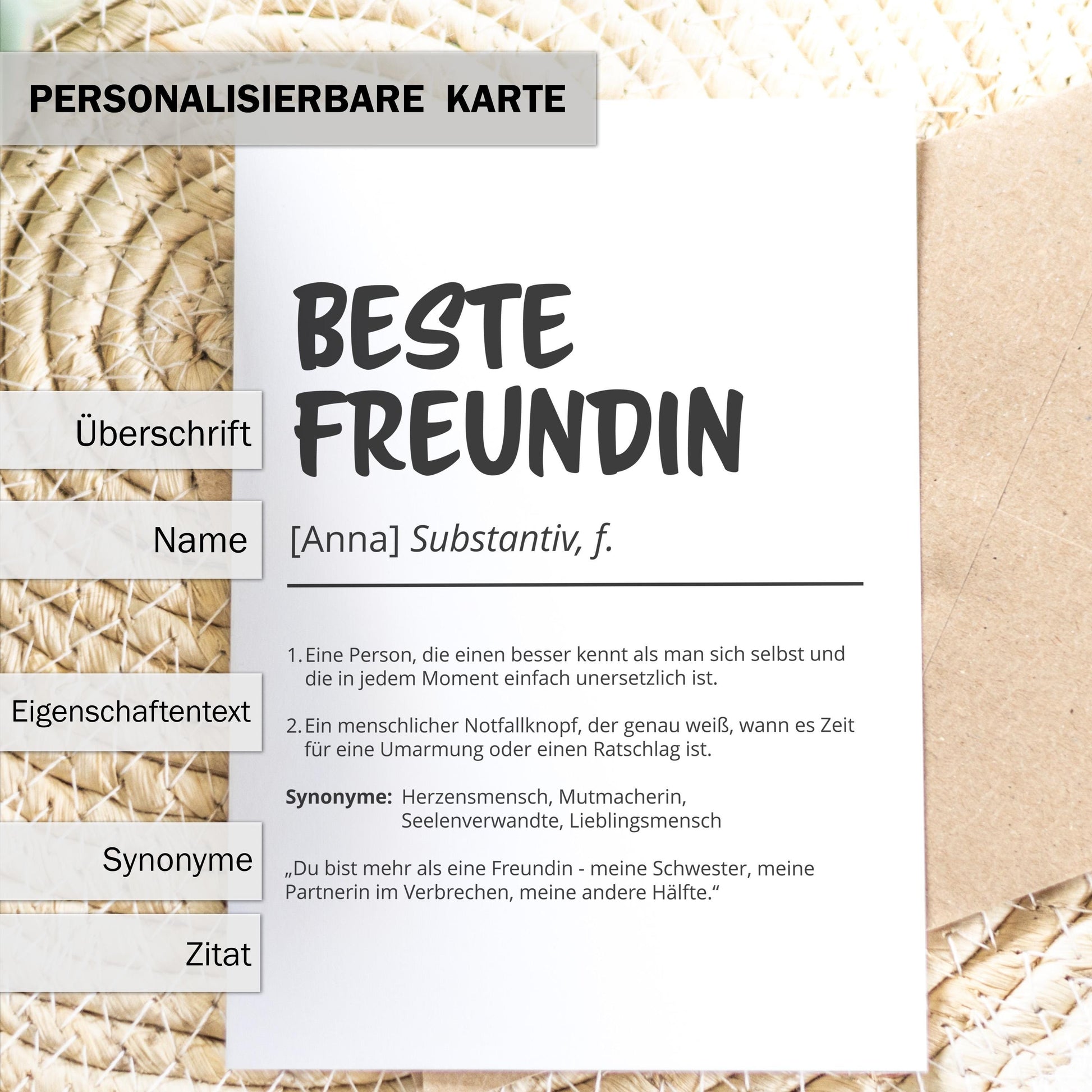 Beste Freundin Definition A6 Karte personalisierbar mit Namen Freundin Grußkarte Geschenk für Freundin Klappkarte Definition beste Freundin
