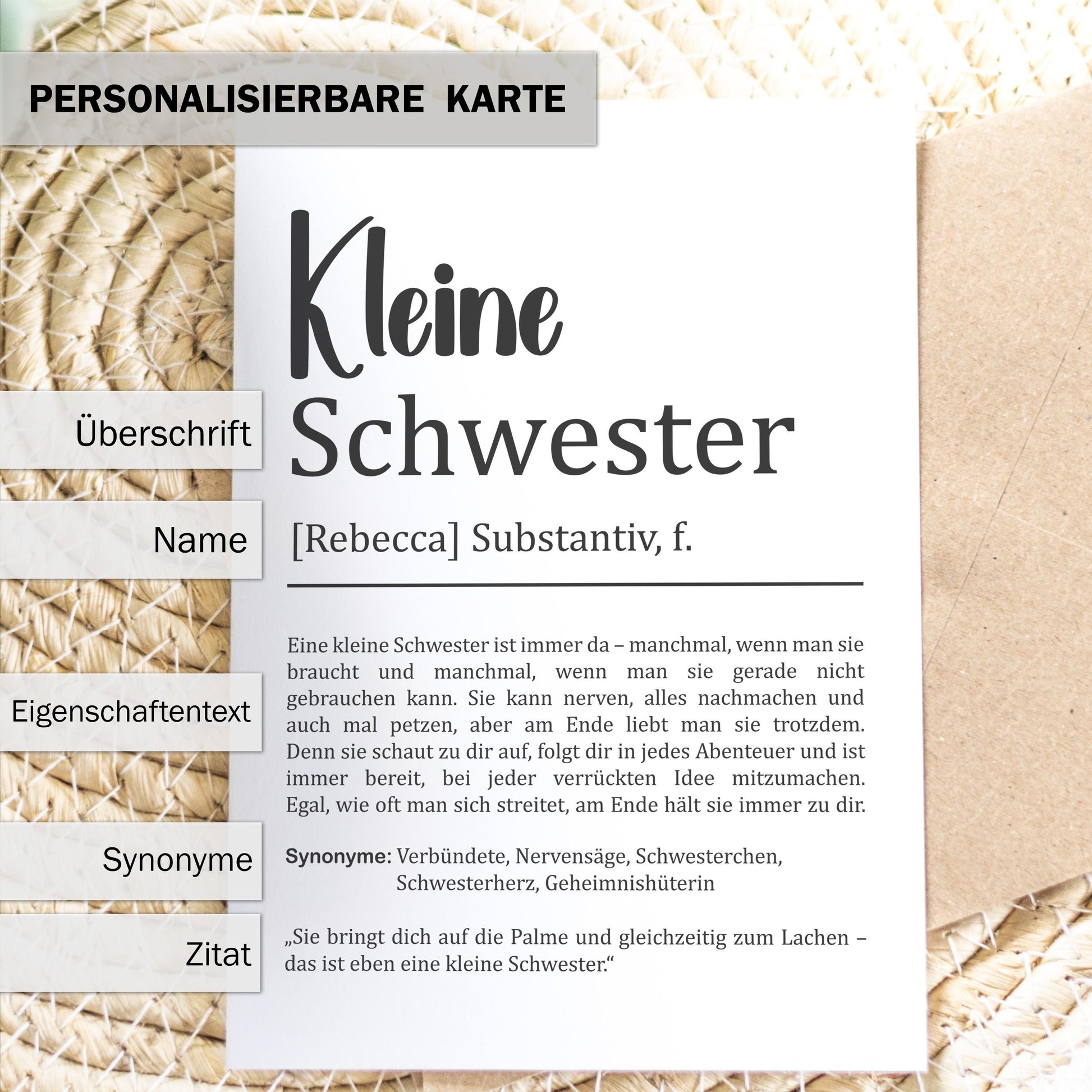 Kleine Schwester Definition Karte personalisierbar mit Namen Schwester Grußkarte Geschenk für Schwester Postkarte Definition Geschwister