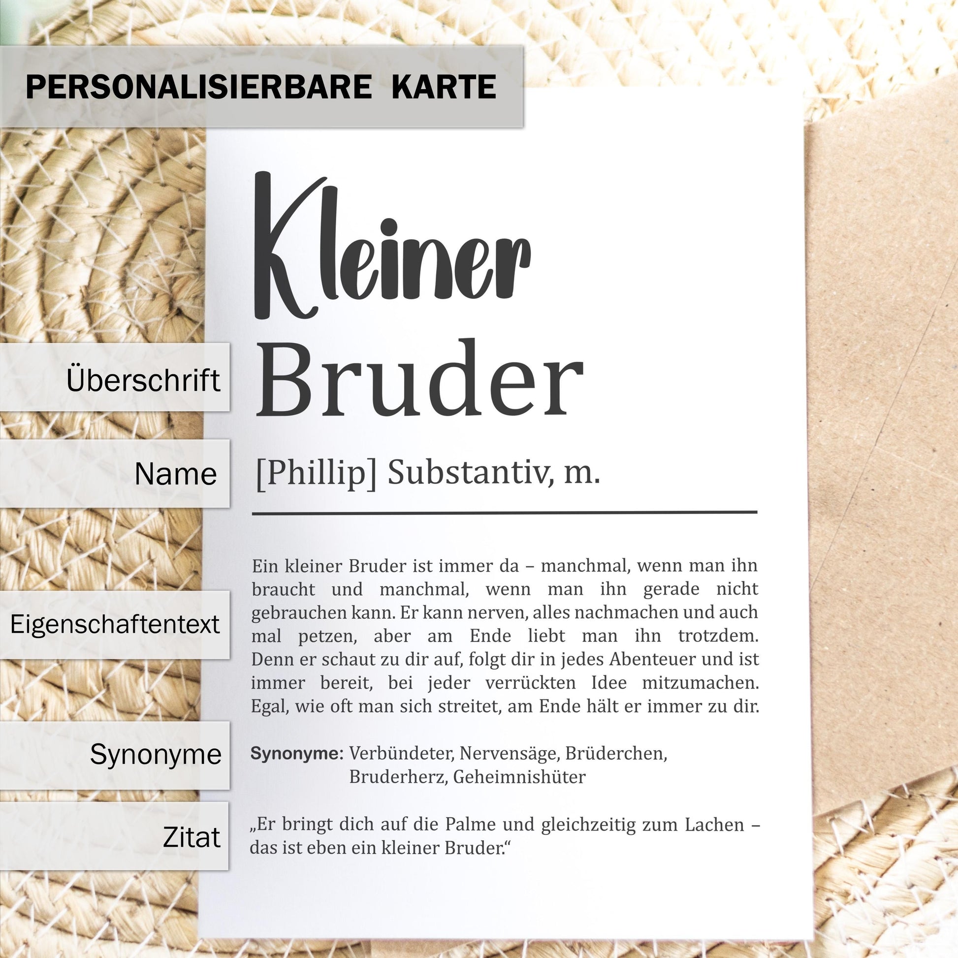 Kleiner Bruder Definition Karte personalisierbar mit Namen Bruder Grußkarte Geschenk für Bruder Postkarte Definition Geschwister