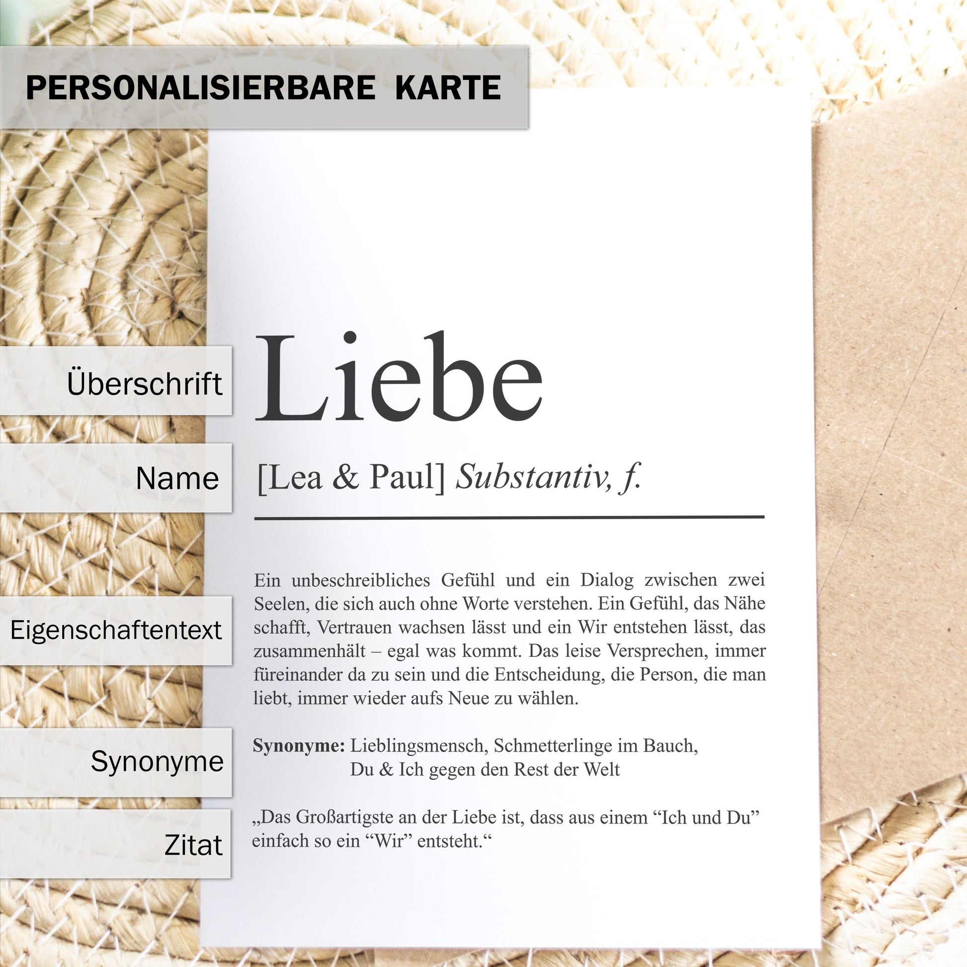 Liebe Definition Karte personalisierbar mit Namen Liebe Grußkarte Geschenkidee für Jahrestag Postkarte Definition Liebe Klappkarte
