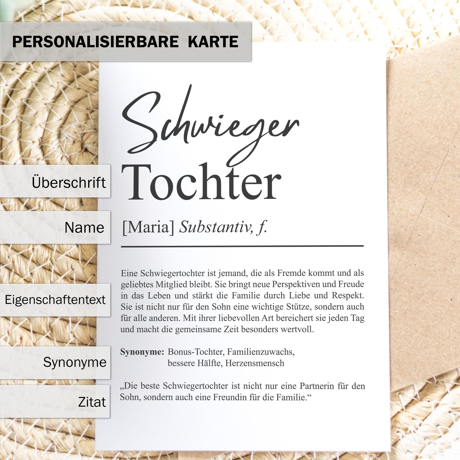 Schwiegertochter Definition A6 Karte personalisierbar mit Namen Grußkarte Geschenk für Schwiegertochter Klappkarte Definition