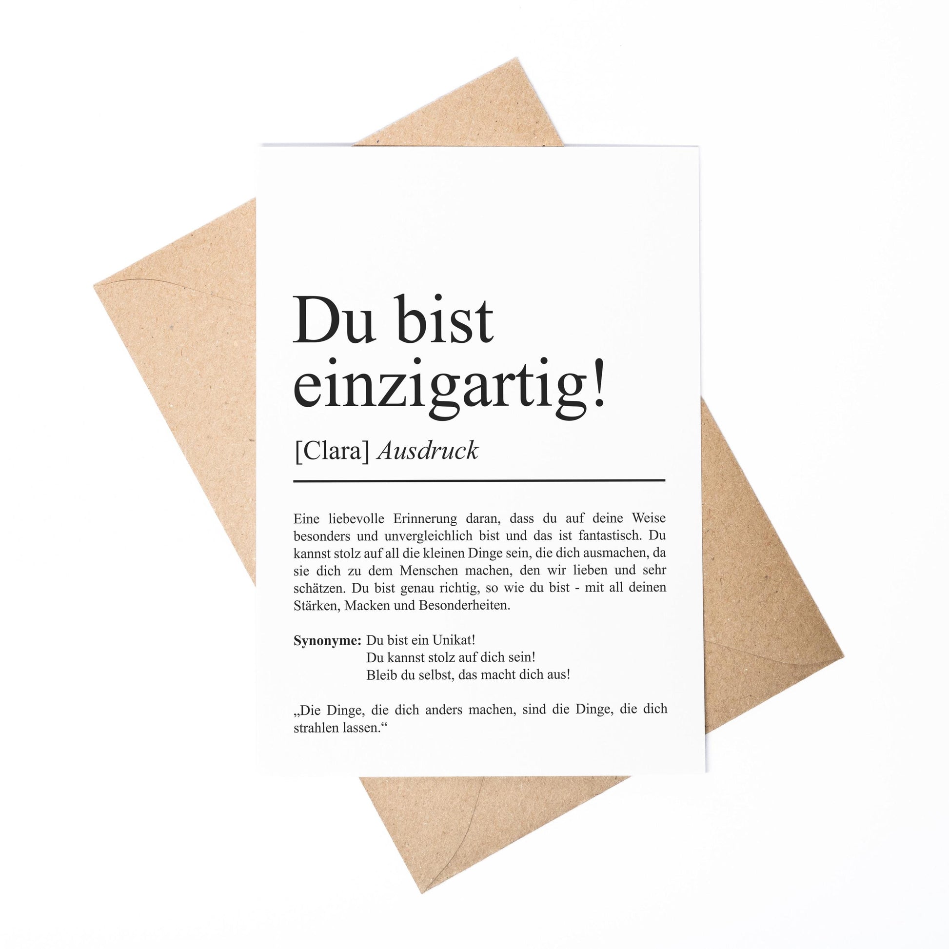 Du bist einzigartig Definition Karte personaliserbar mit Namen Mutmacher Karte Affirmation Karte für Kinder Motivationskarte Freundschaft