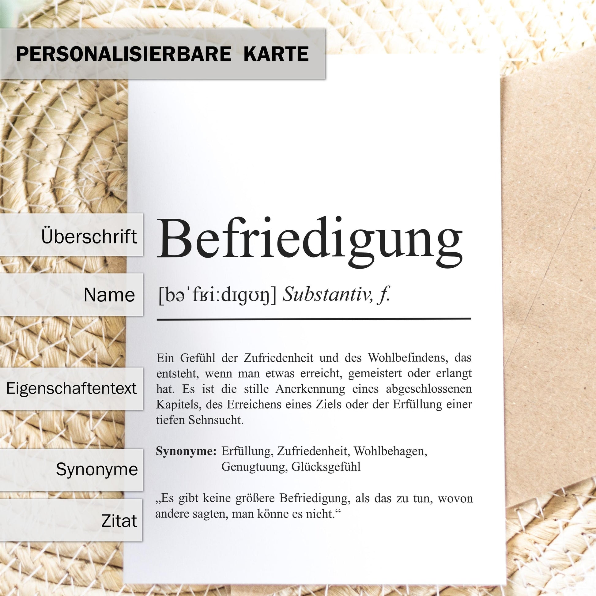Befriedigung Definition Karte personaliserbar Emotionen Mutmacher Karte Spirituelle Karte Motivationskarte