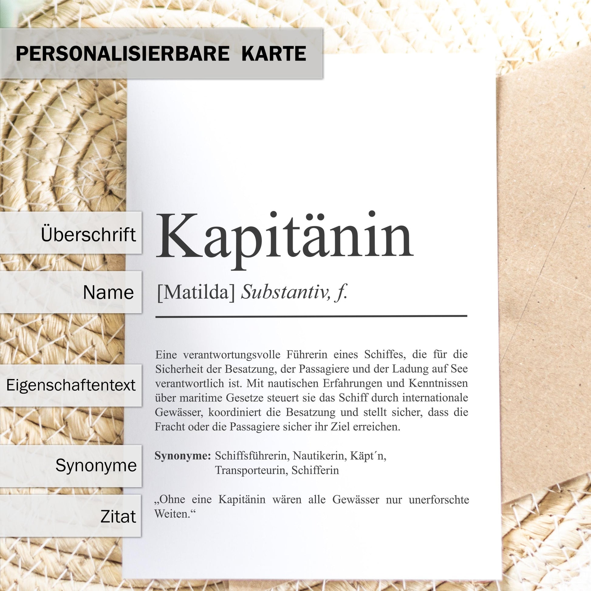 Kapitänin Definition Karte personalisierbar mit Namen Beruf Grußkarte Kapitänin Geschenk Geburtstag Kapitänin Postkarte Definition