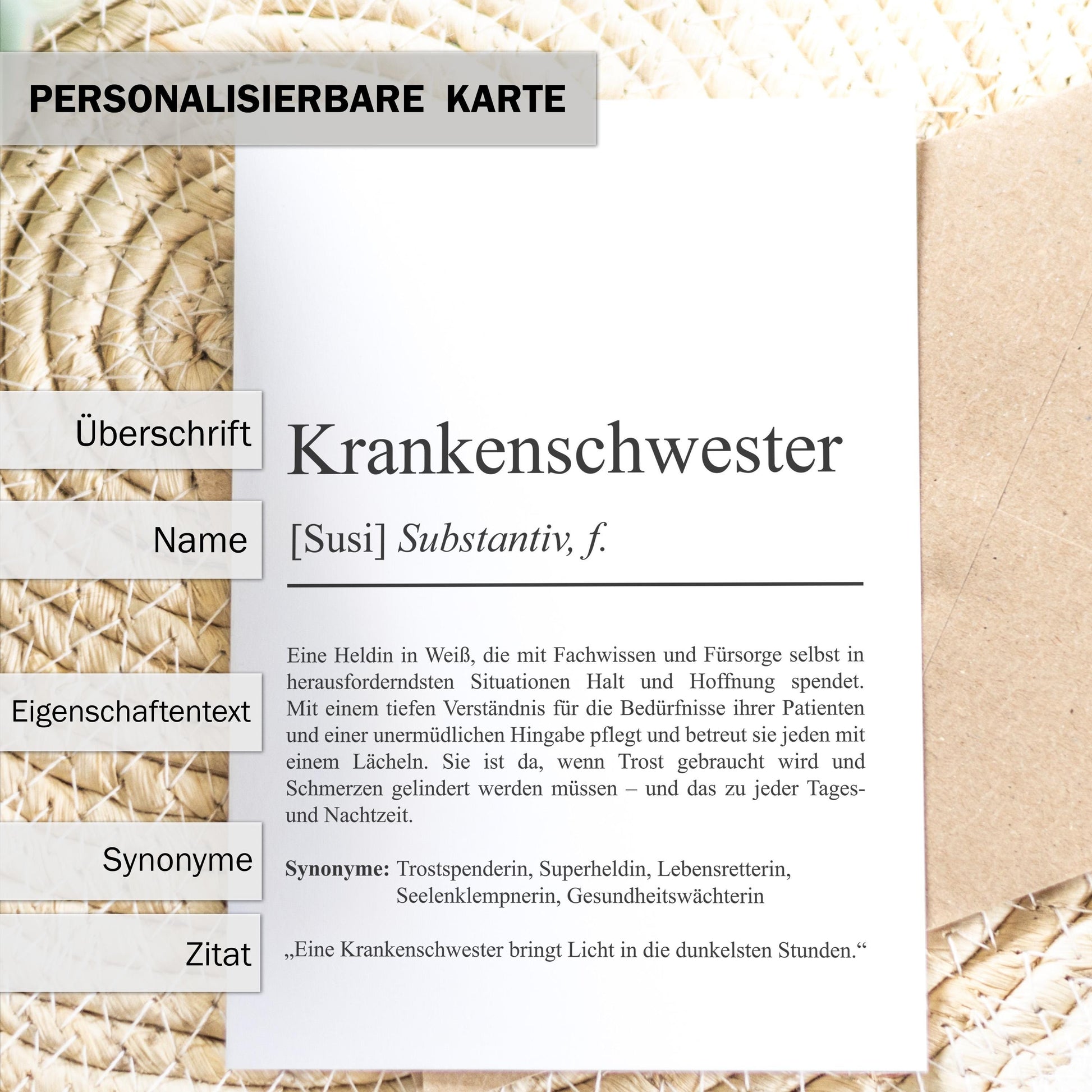 Krankenschwester Definition Karte personalisierbar mit Namen Beruf Grußkarte Krankenschwester Geschenk Geburtstag Pflegerin Postkarte