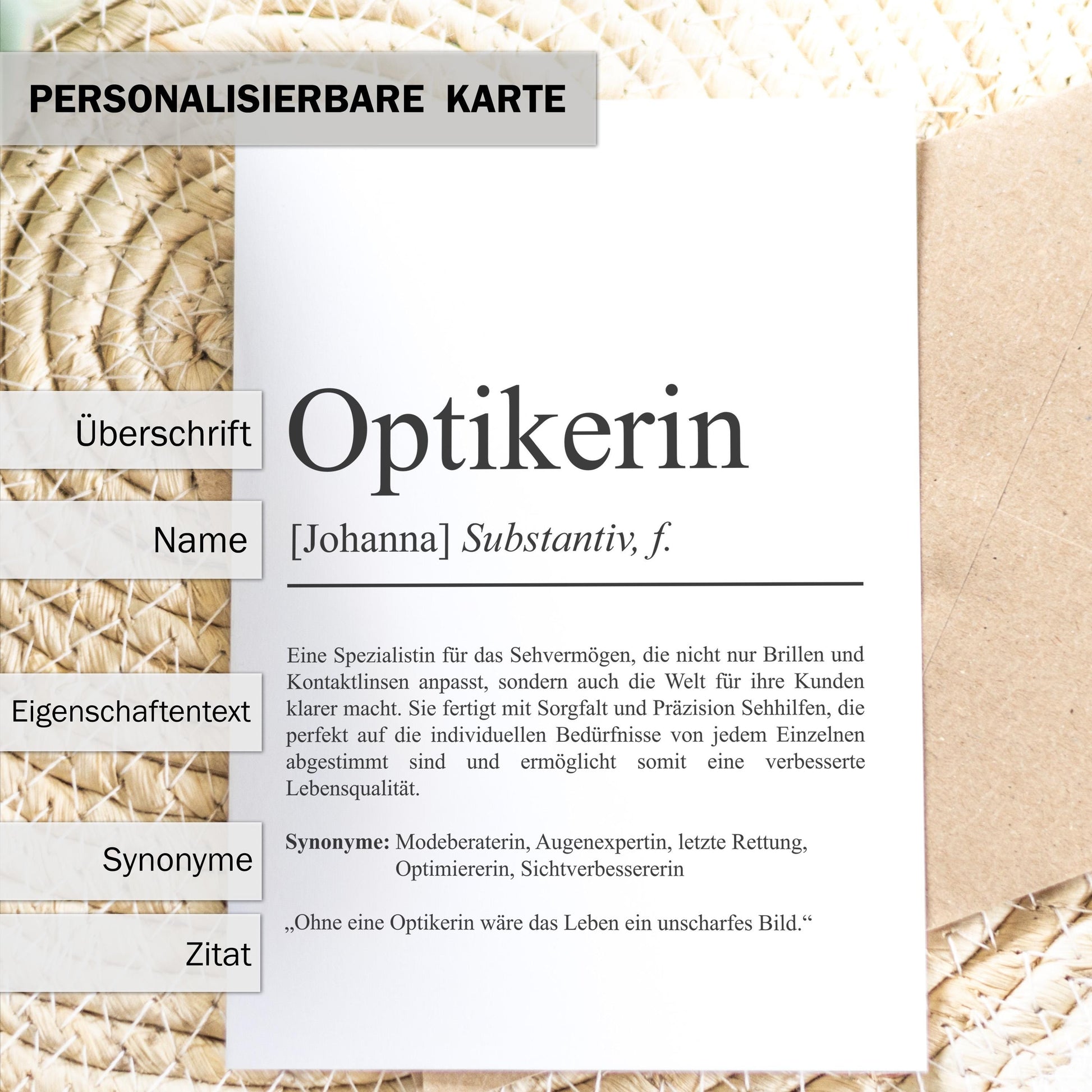 Optikerin Definition Karte personalisierbar mit Namen Beruf Grußkarte Optikerin Geschenk Geburtstag Optikerin Postkarte Definition