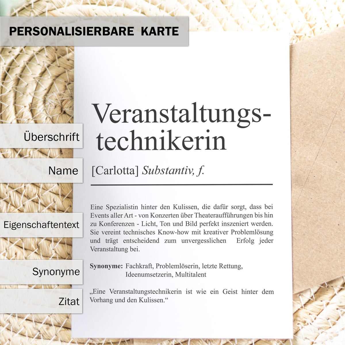 Veranstaltungstechnikerin Definition Karte personalisierbar Namen Beruf Grußkarte Veranstaltungstechnikerin Geschenk Geburtstag Definition