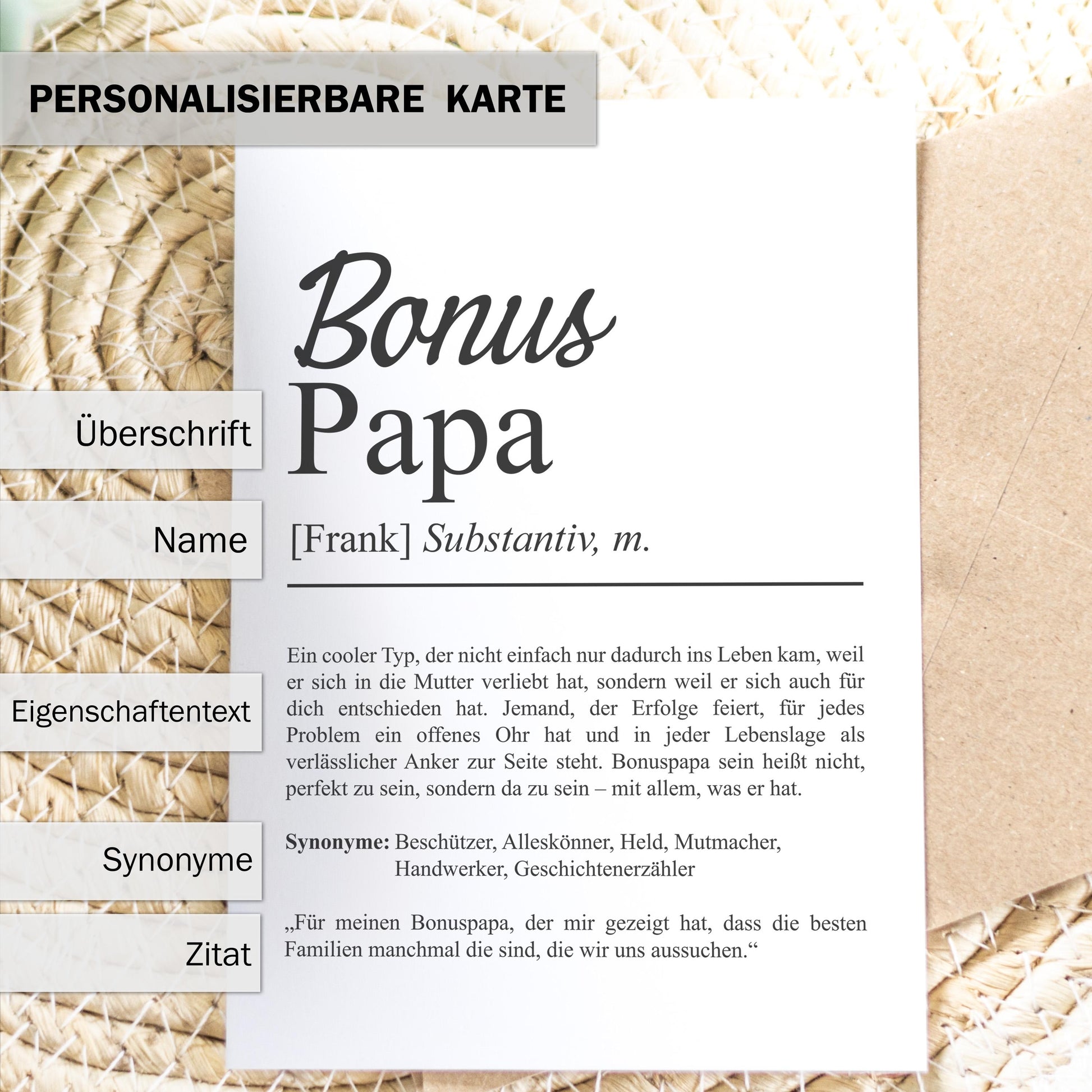 Bonuspapa Definition Karte personalisierbar mit Namen Stiefvater Grußkarte Geschenk für Stiefvater Postkarte Definition Bonuspapa