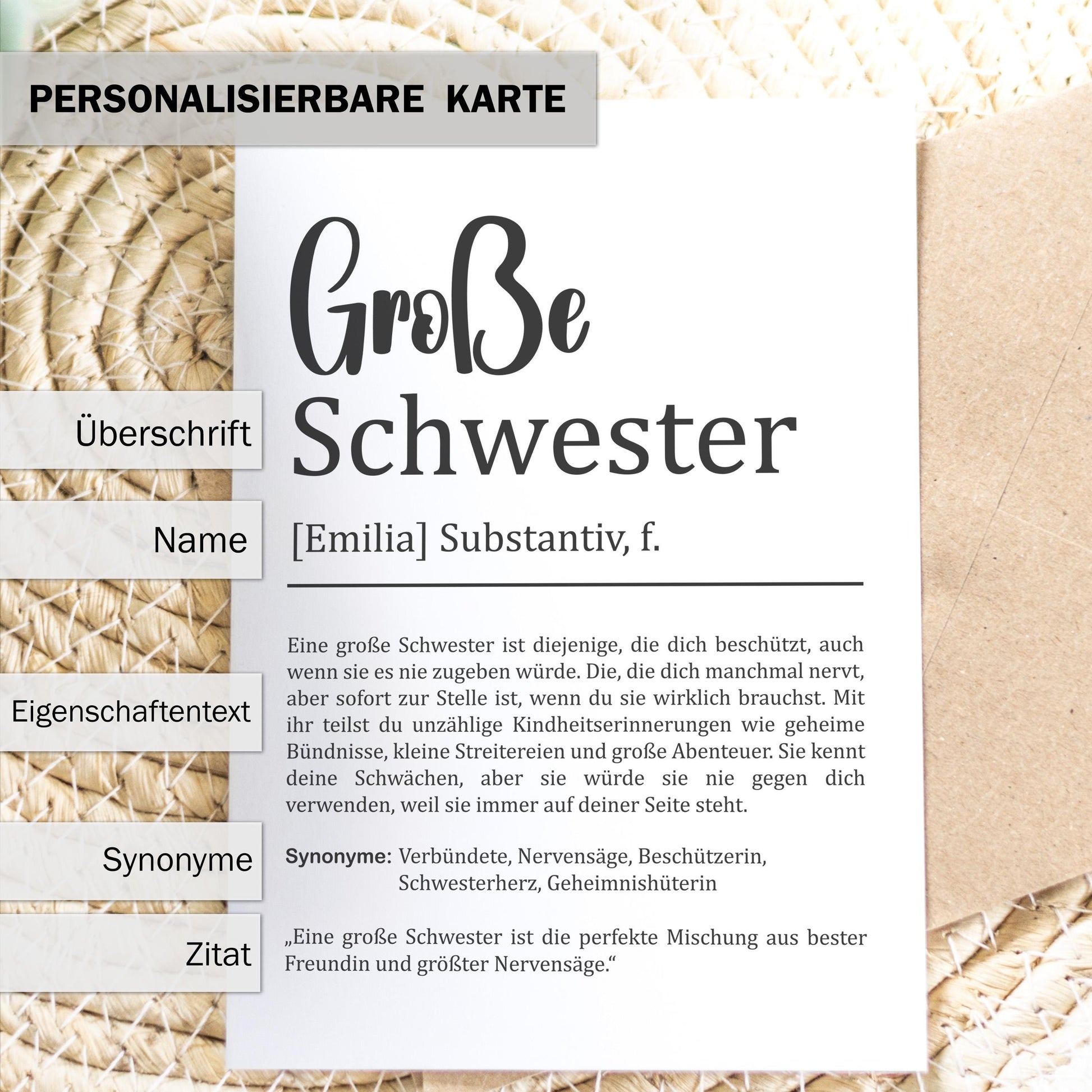 Große Schwester Definition Karte personalisierbar mit Namen Schwester Grußkarte Geschenk für Schwester Postkarte Definition Geschwister