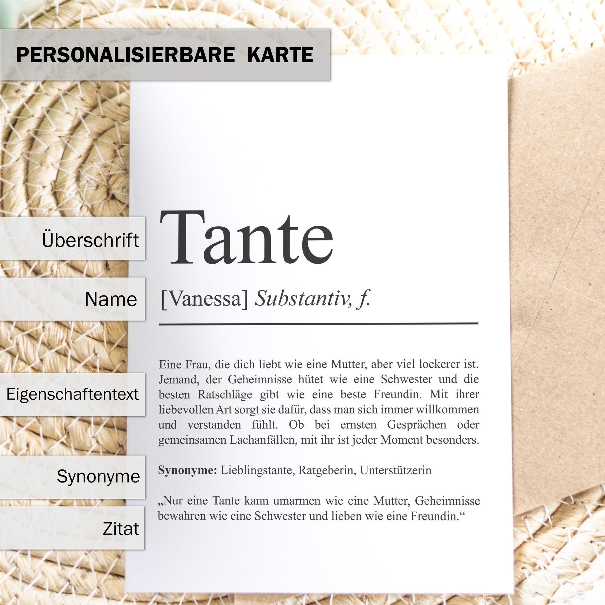 Tante Definition Karte personalisierbar mit Namen Tante Grußkarte Geschenk für Tante Postkarte Definition Tante Geschenkkarte