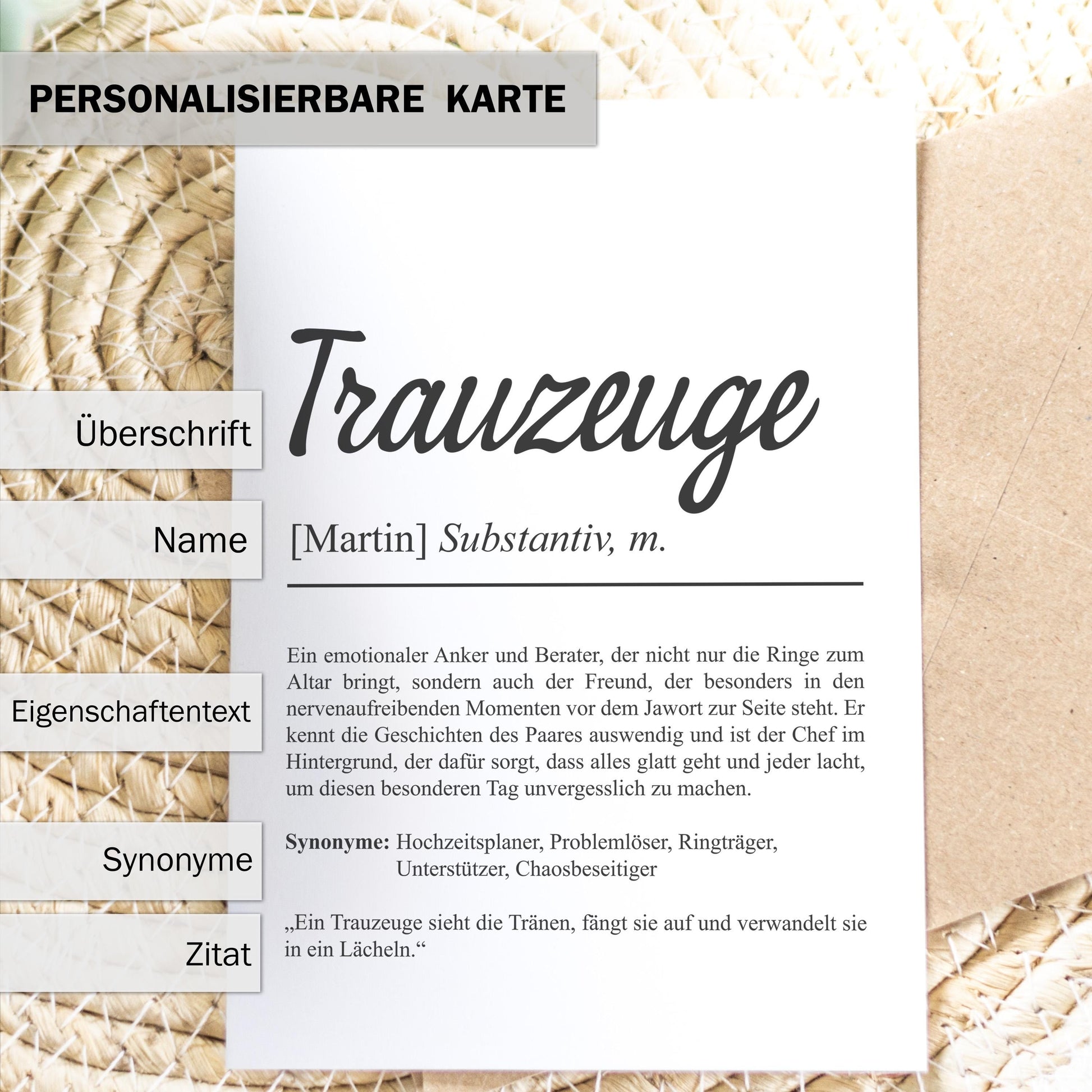 Trauzeuge Definition Karte personalisierbar mit Namen Trauzeuge Grußkarte Geschenkidee für Trauzeuge Postkarte Definition Trauzeuge Klappkarte