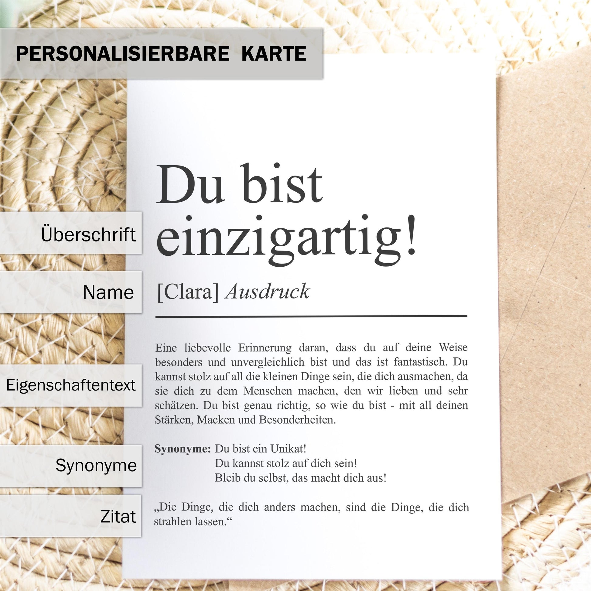 Du bist einzigartig Definition Karte personaliserbar mit Namen Mutmacher Karte Affirmation Karte für Kinder Motivationskarte Freundschaft