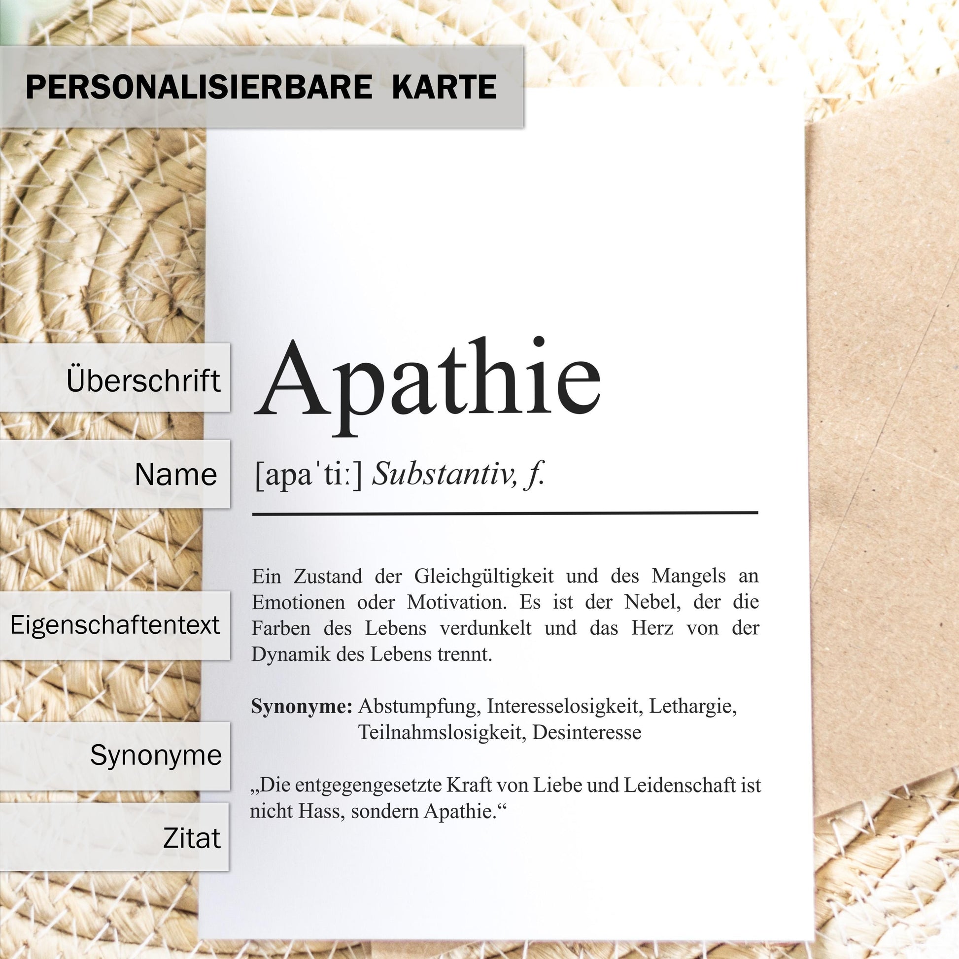 Apathie Definition Karte personaliserbar Emotionen Mutmacher Karte Spirituelle Karte Motivationskarte