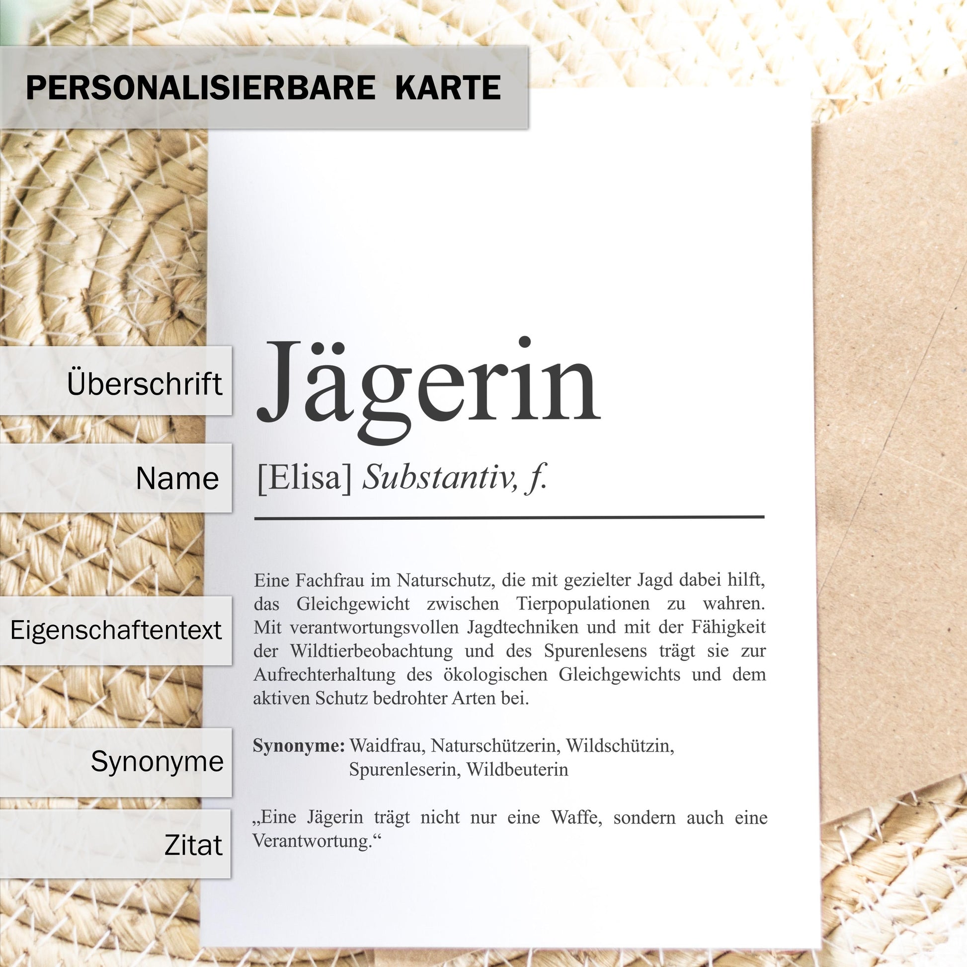 Jägerin Definition Karte personalisierbar mit Namen Beruf Grußkarte Jägerin Geschenk Geburtstag Jägerin Postkarte Definition