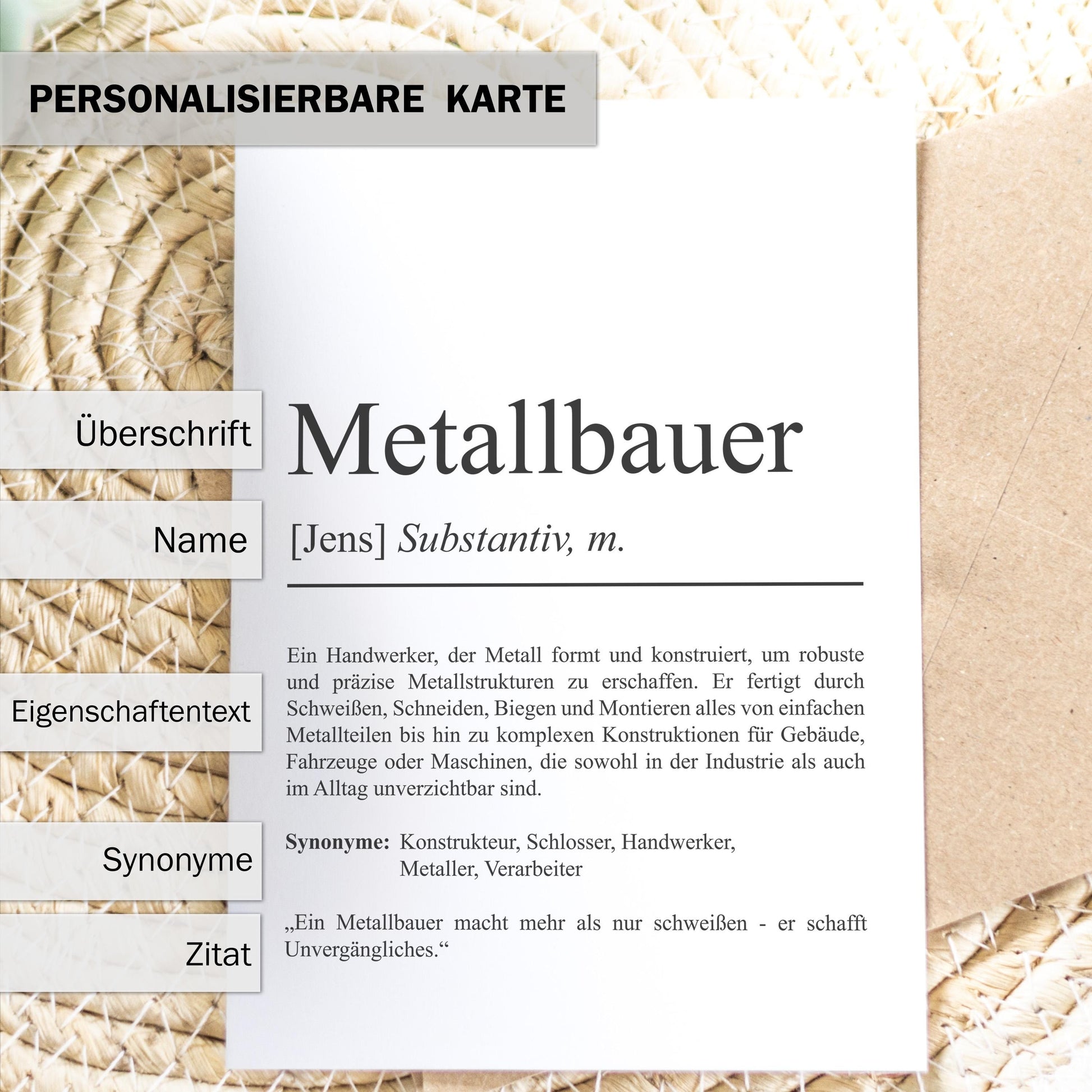 Metallbauer Definition Karte personalisierbar mit Namen Beruf Grußkarte Metallbauer Geschenk Geburtstag Metallbauer Postkarte Definition