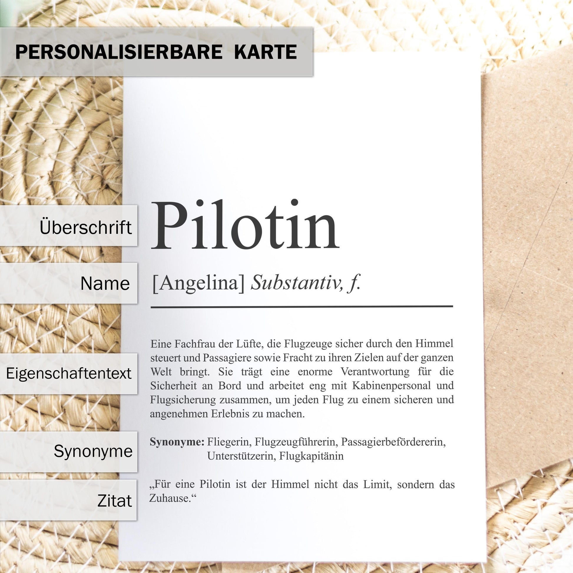 Pilotin Definition Karte personalisierbar mit Namen Beruf Grußkarte Pilotin Geschenk Geburtstag Pilotin Postkarte