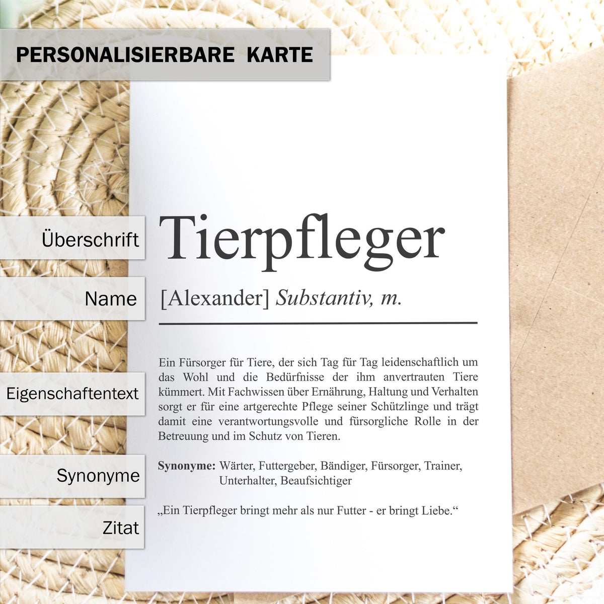 Tierpfleger Definition Karte personalisierbar mit Namen Beruf Grußkarte Tierpfleger Geschenk Geburtstag Tierpfleger Postkarte Definition