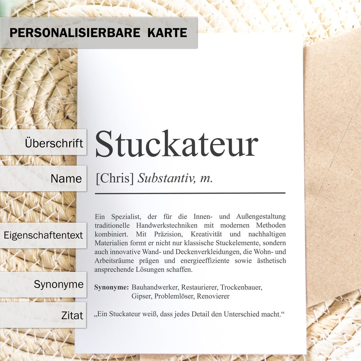 Stuckateuer Definition Karte A6 personalisierbar mit Namen Beruf Grußkarte Stuckateur Geschenk Geburtstag Stuckateur Klappkarte Definition