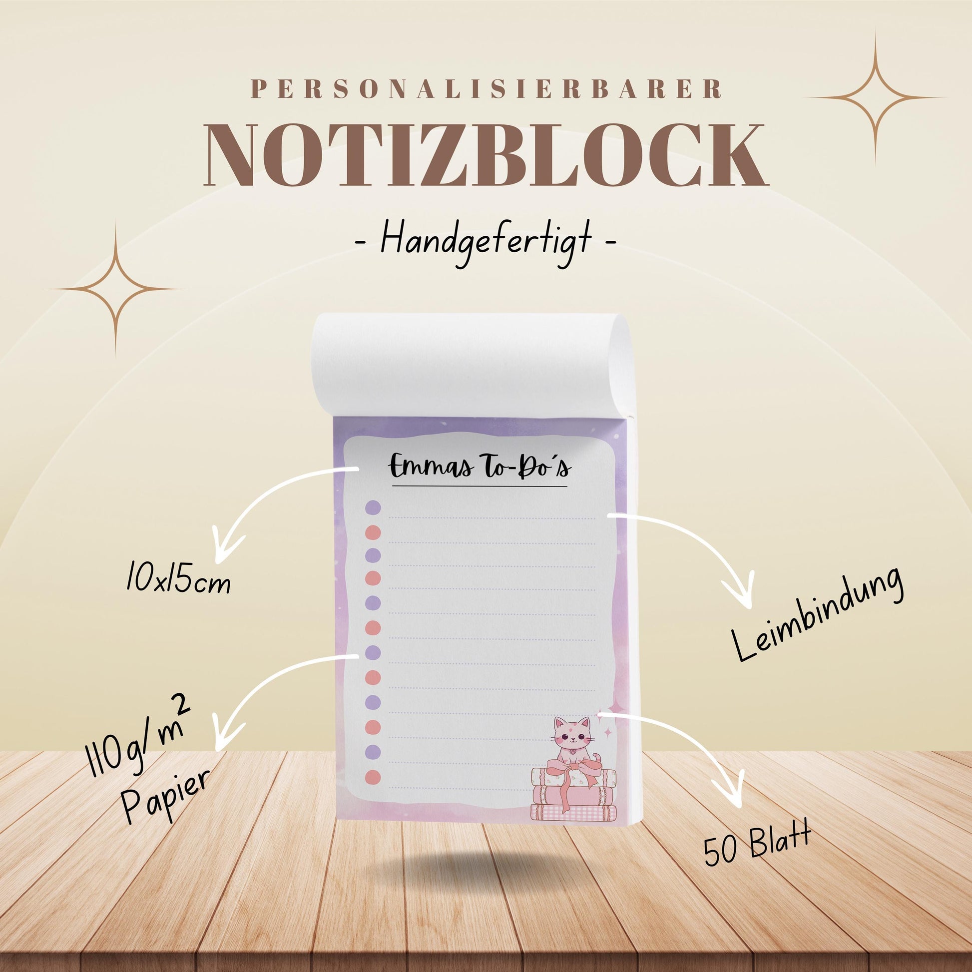 Notizblock Kawaii Katze Notizblock personalisierbar mit Namen To-Do Liste Notizblock für Studenten Bürobedarf Geschenk Kollege