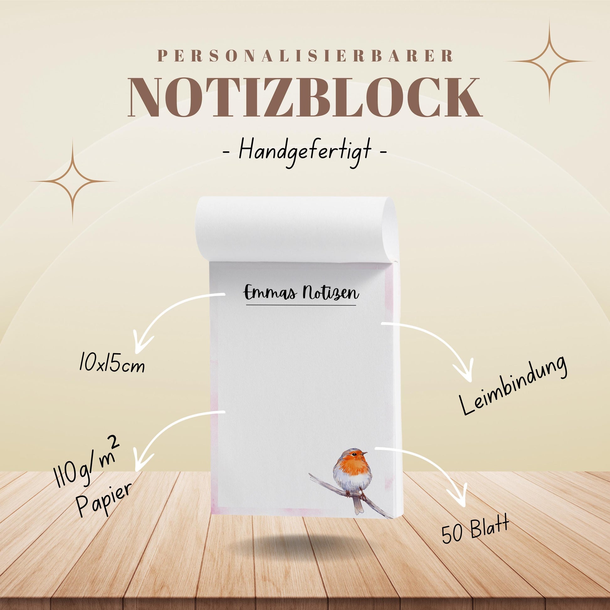 Notizblock Rotkehlchen Notizblock personalisierbar mit Namen To-Do Liste Notizblock für Studenten Bürobedarf Geschenk Kollege