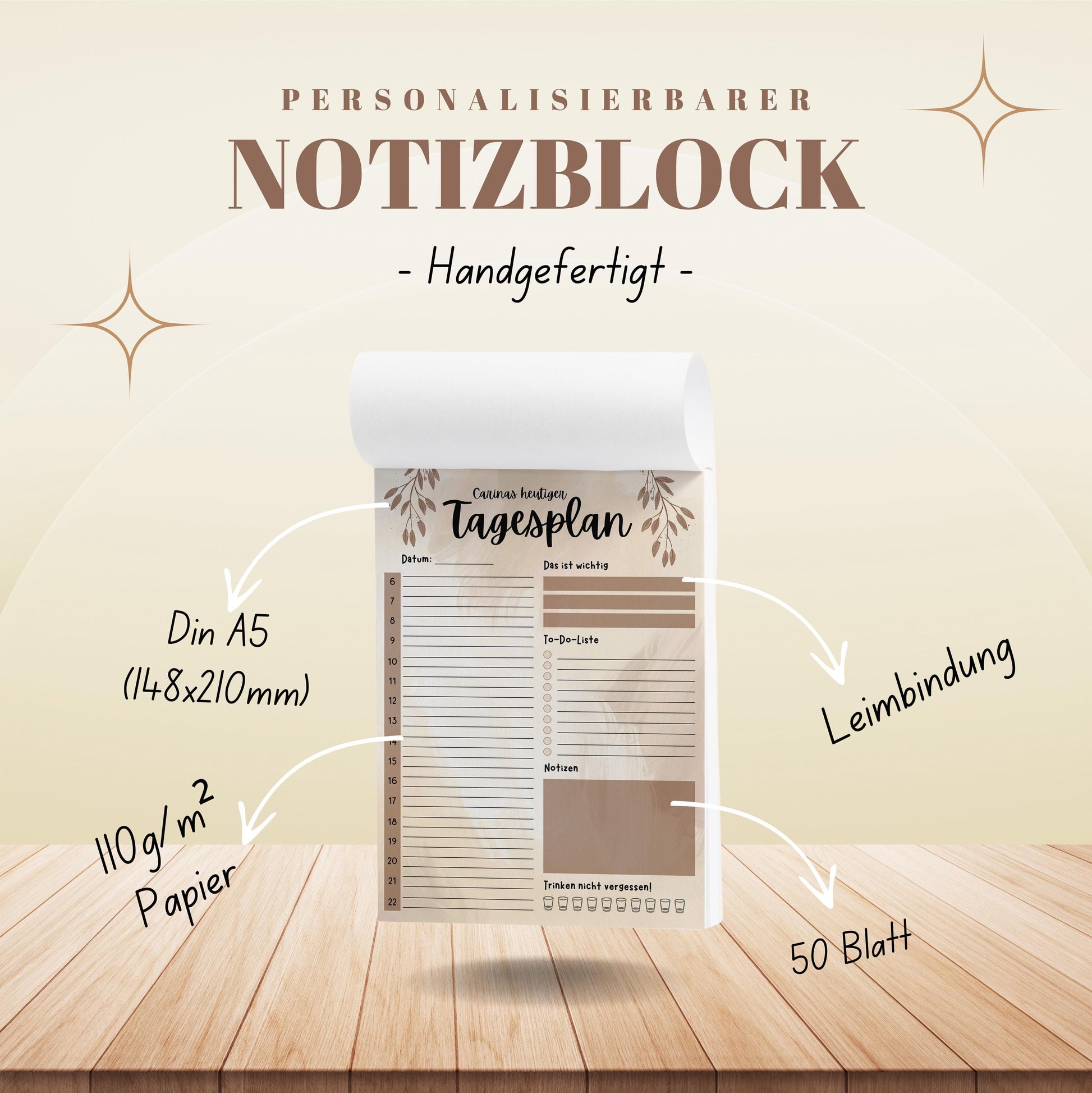 Tagesplaner Boho A5 Notizblock personalisierbar mit Namen To Do Liste Notizblock für Studenten Schreibblock Bürobedarf Geschenk Kollegen