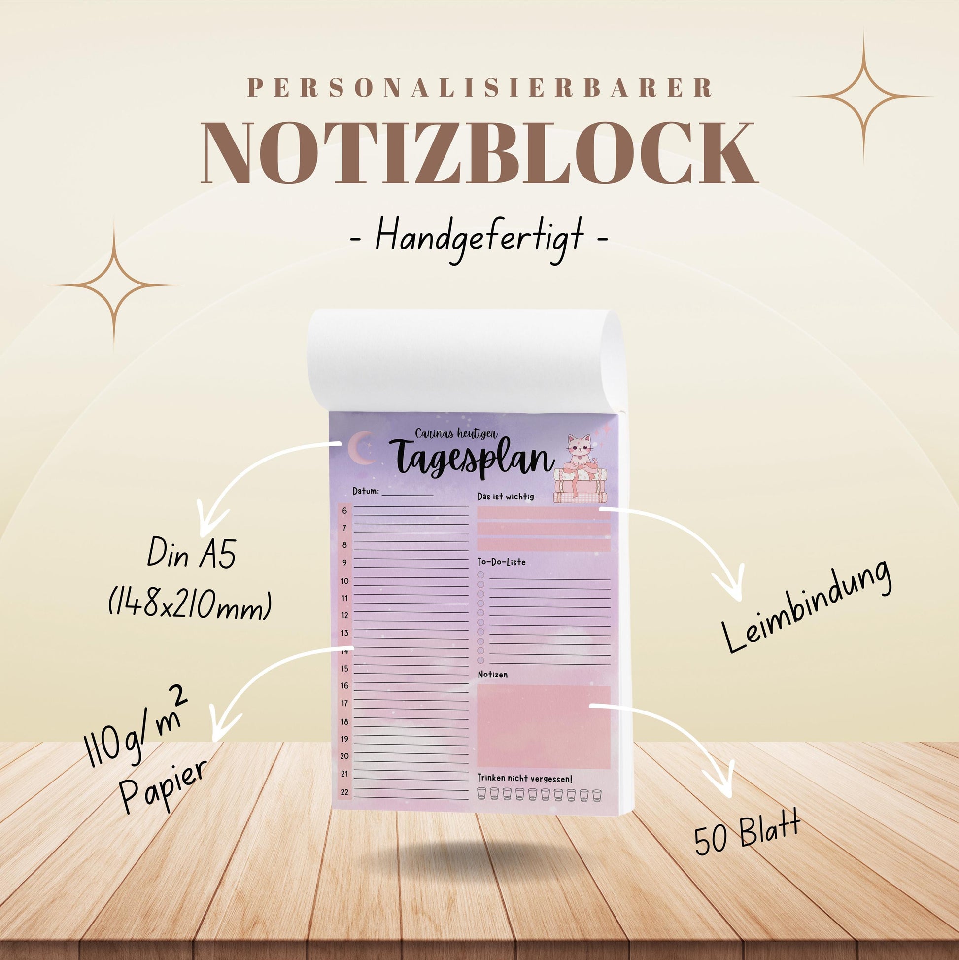 Tagesplaner Kawaii Katze A5 Notizblock personalisierbar mit Namen To Do Liste Notizblock für Studenten Schreibblock Bürobedarf Geschenk