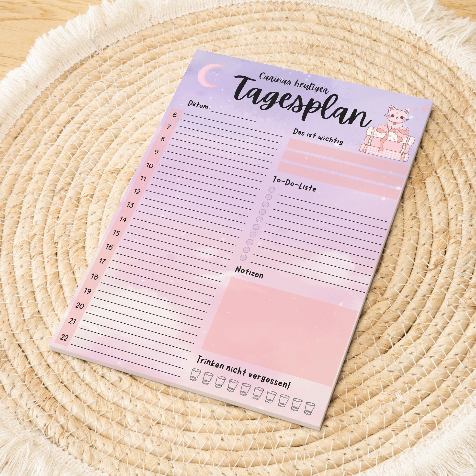 Tagesplaner Kawaii Katze A5 Notizblock personalisierbar mit Namen To Do Liste Notizblock für Studenten Schreibblock Bürobedarf Geschenk