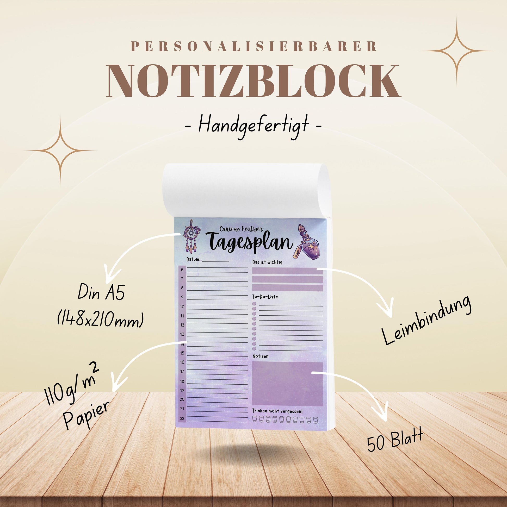 Tagesplaner Witchy A5 Notizblock personalisierbar mit Namen To Do Liste Notizblock für Studenten Schreibblock Bürobedarf Geschenk Schüler