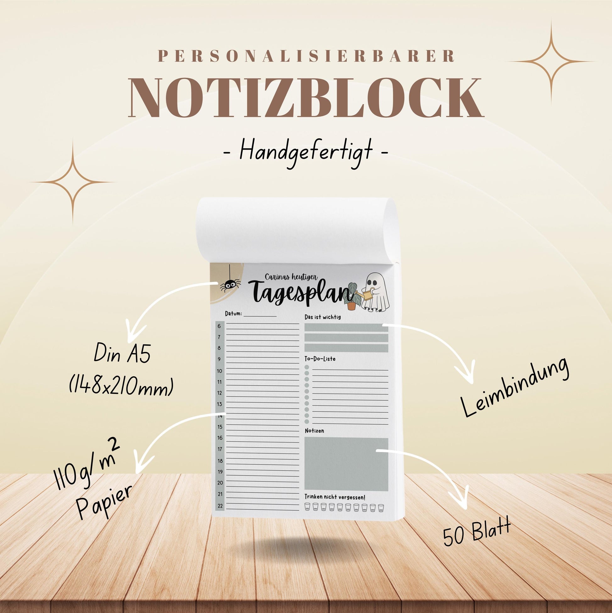 Tagesplaner Bootanica A5 Notizblock personalisierbar mit Namen To Do Liste Notizblock für Studenten Schreibblock Bürobedarf Geschenk Schüler