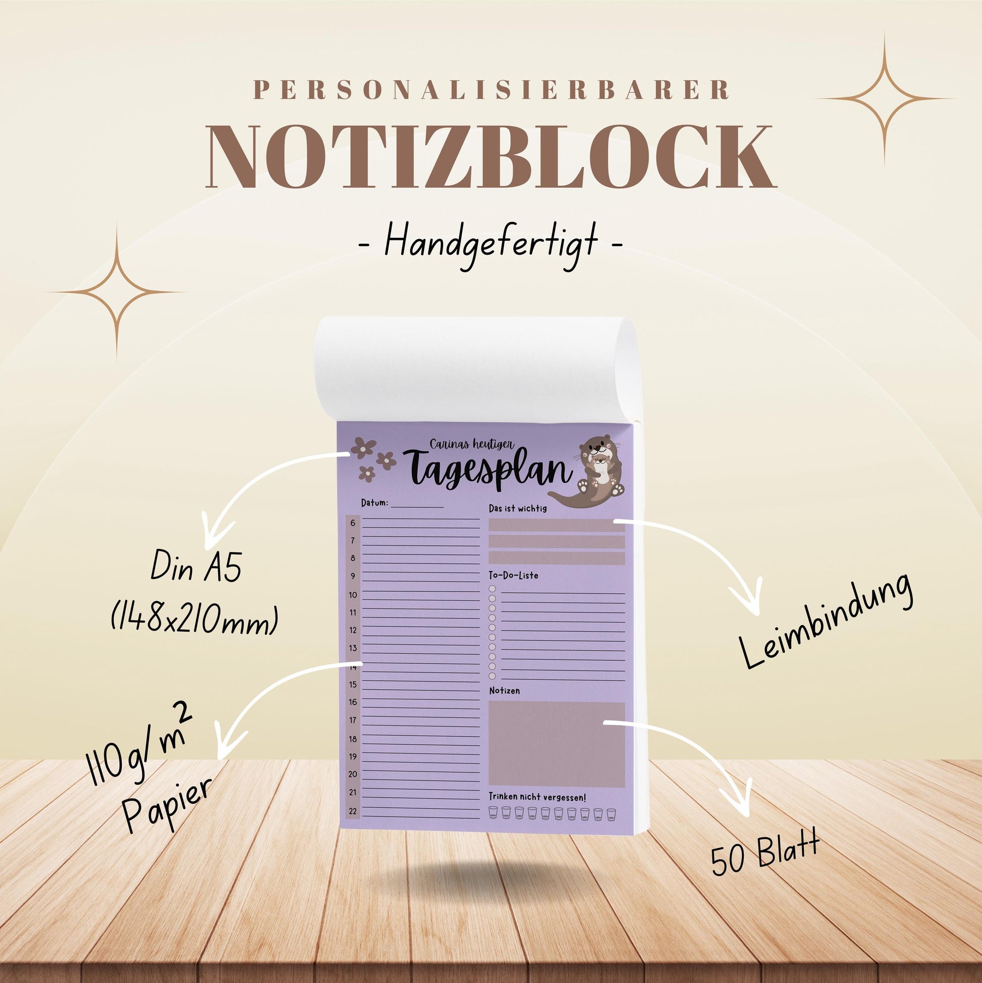Tagesplaner Otter A5 Notizblock personalisierbar mit Namen To Do Liste Notizblock für Studenten Schreibblock Bürobedarf Geschenk Schüler