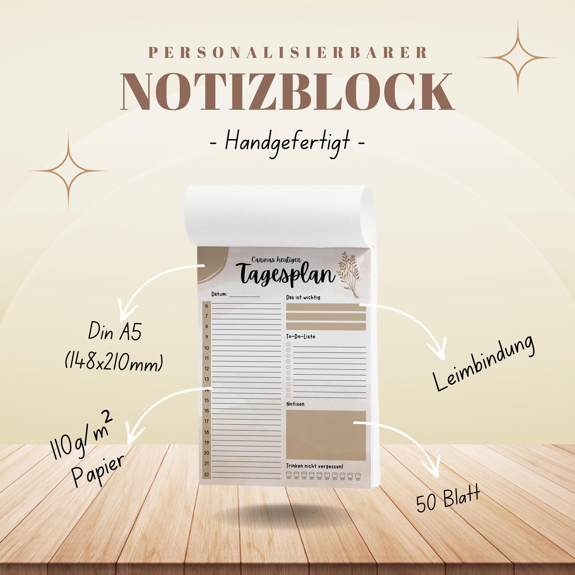 Tagesplaner Boho A5 Notizblock personalisierbar mit Namen To Do Liste Notizblock für Studenten Schreibblock Bürobedarf Geschenk Pilzsammler