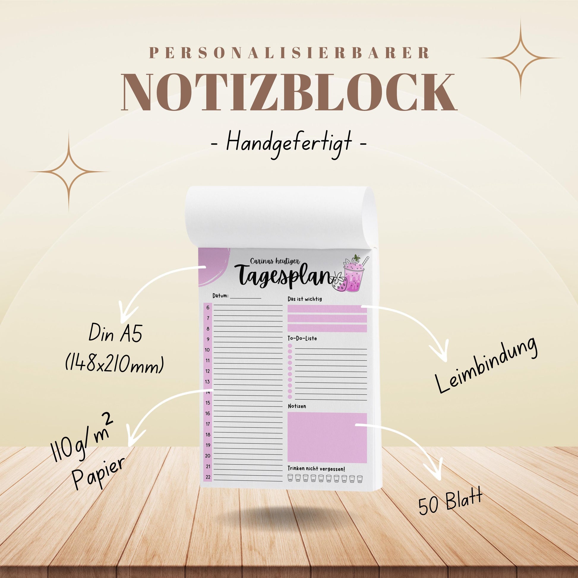 Tagesplaner Erdbeere A5 Notizblock personalisierbar mit Namen To Do Liste Notizblock für Studenten Schreibblock Bürobedarf Geschenk Schüler