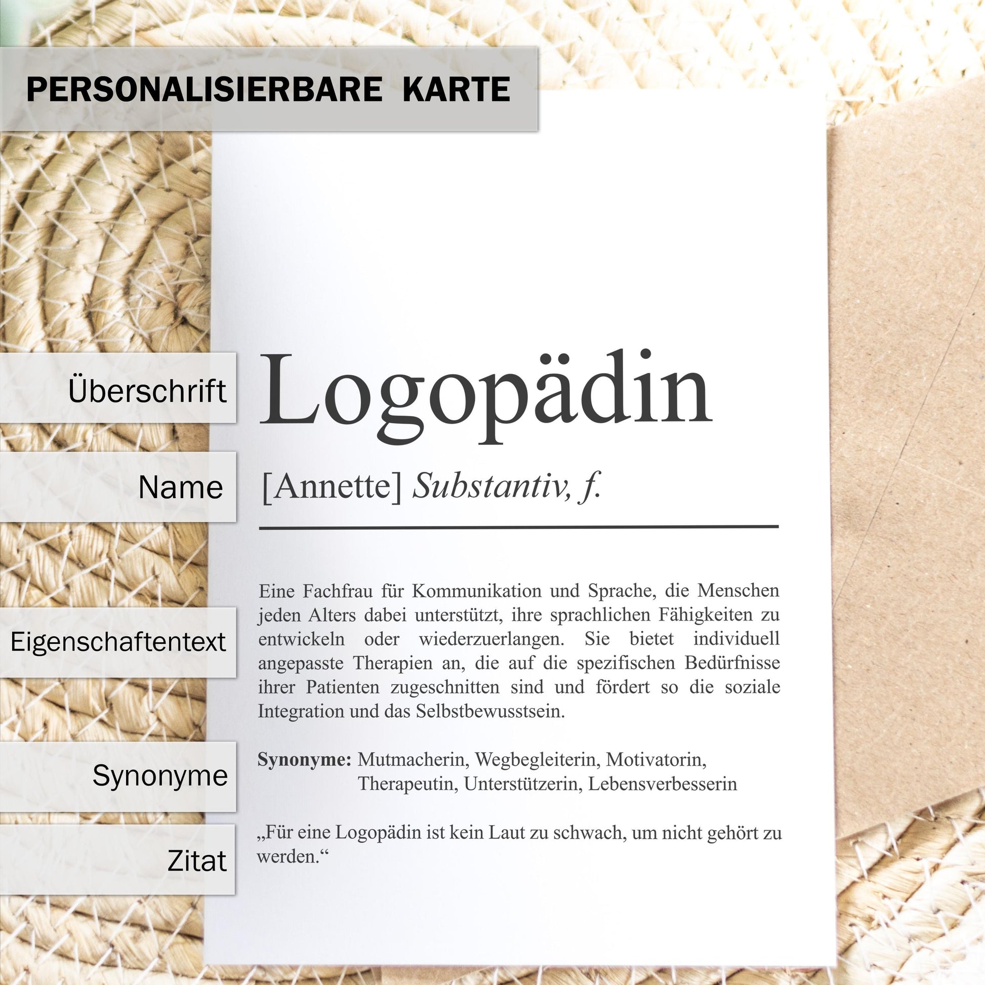 Logopädin Definition Karte personalisierbar mit Namen Beruf Grußkarte Logopädin Geschenk Geburtstag Logopädin Postkarte Definition
