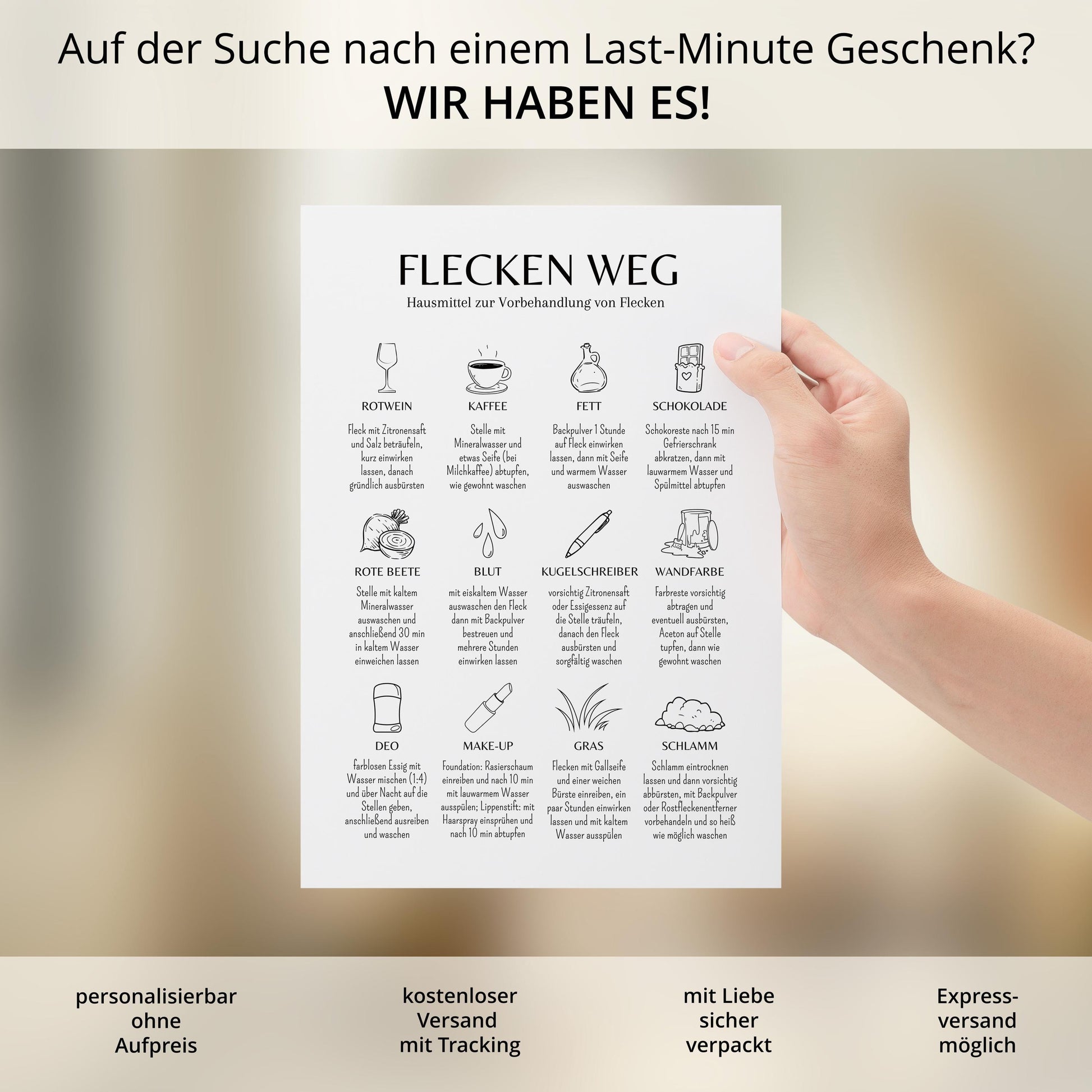Flecken weg Poster Flecken Ratgeber Wohnung Haus Geschenk Einzug Poster Waschraum Poster Fleckenentfernung Anleitung Poster Waschküche