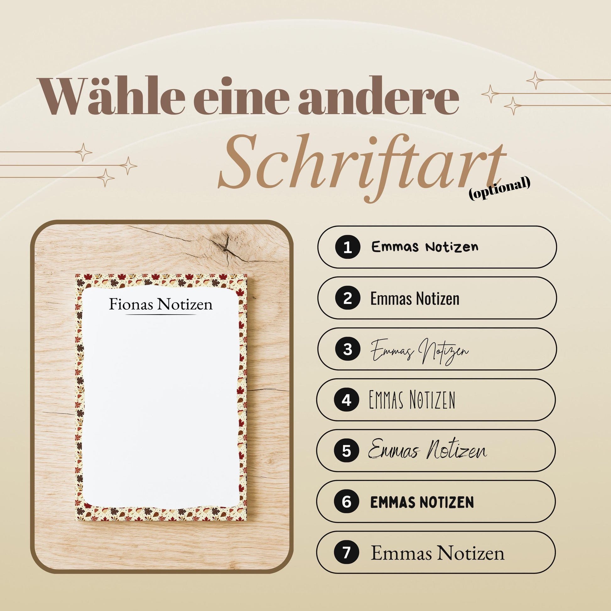 Notizblock Herbst Blätter Design, 10x15 cm, 50 Blatt mit Leimbindung, personalisierbar mit Namen, Handmade