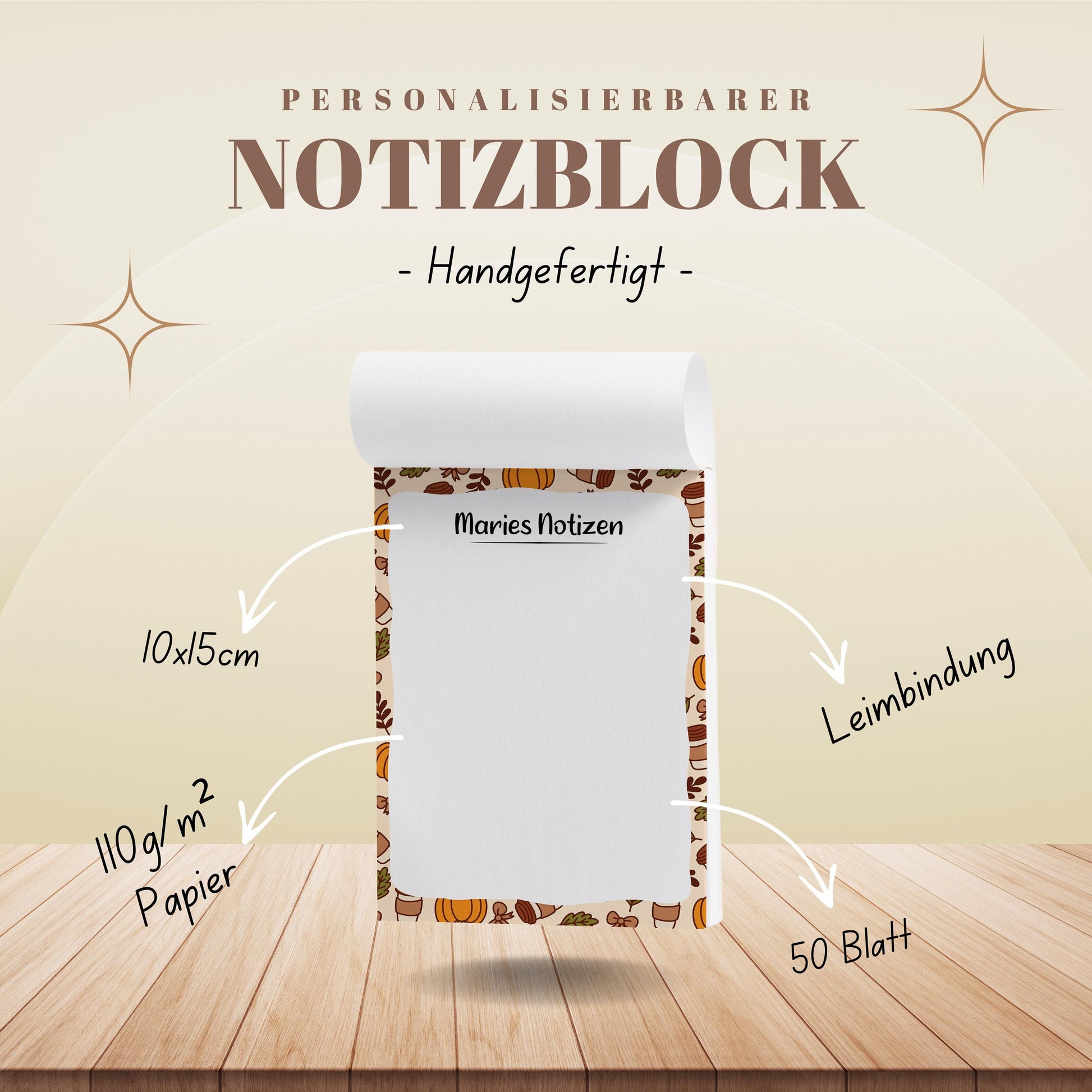 Notizblock Herbst Kürbis Design, 10x15 cm, 50 Blatt mit Leimbindung, personalisierbar mit Namen, Handmade