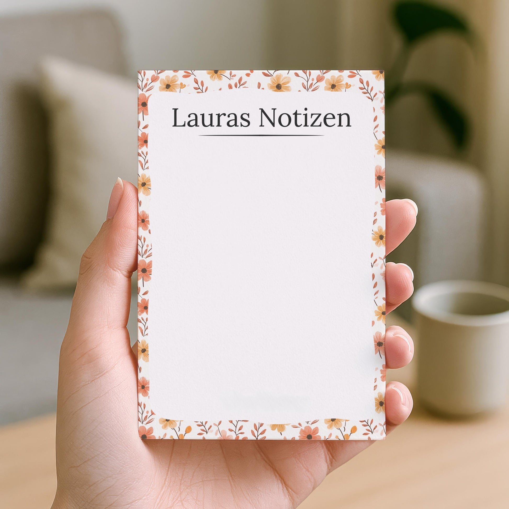 Notizblock Herbst Blumen Design, 10x15 cm, 50 Blatt mit Leimbindung, personalisierbar mit Namen, Handmade