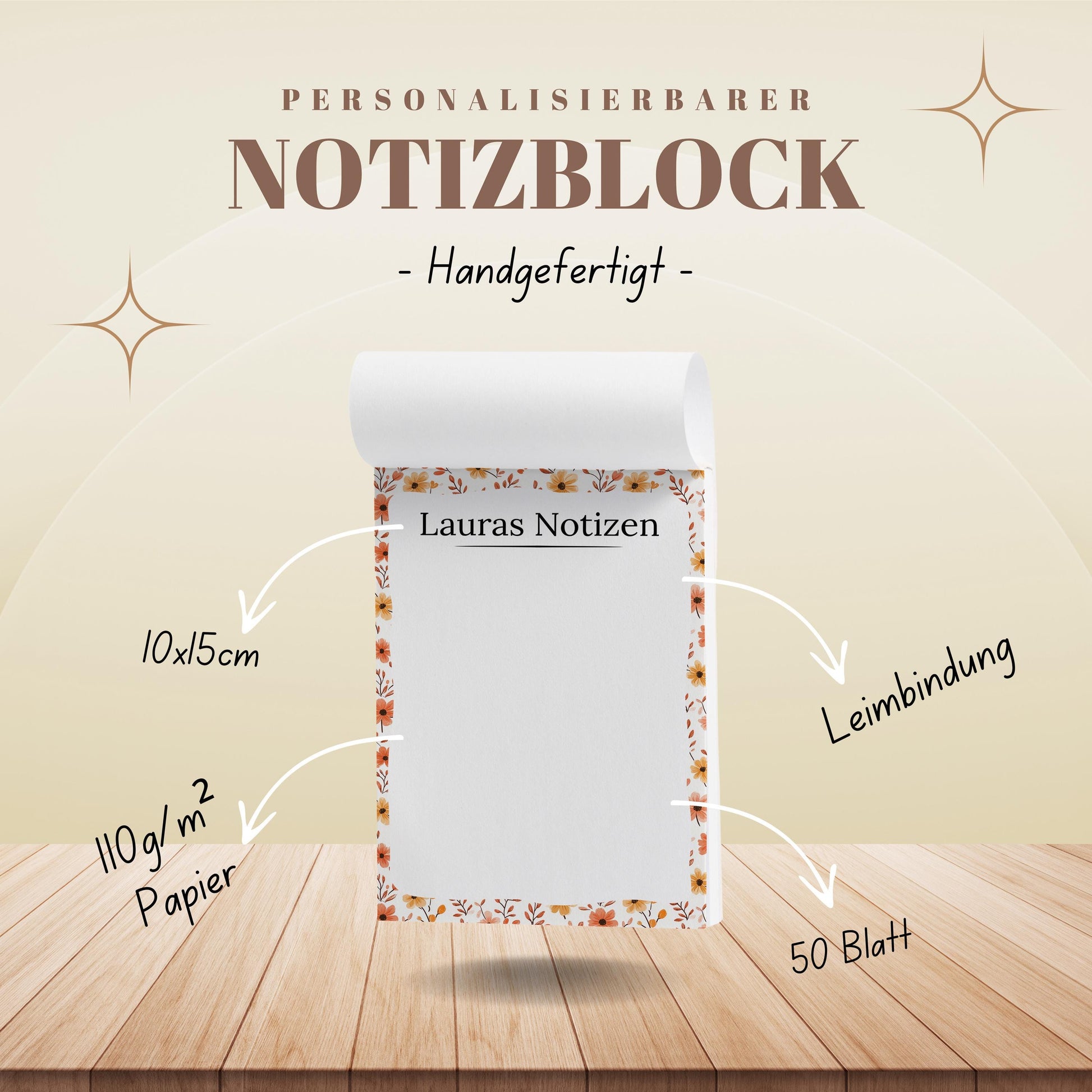 Notizblock Herbst Blumen Design, 10x15 cm, 50 Blatt mit Leimbindung, personalisierbar mit Namen, Handmade