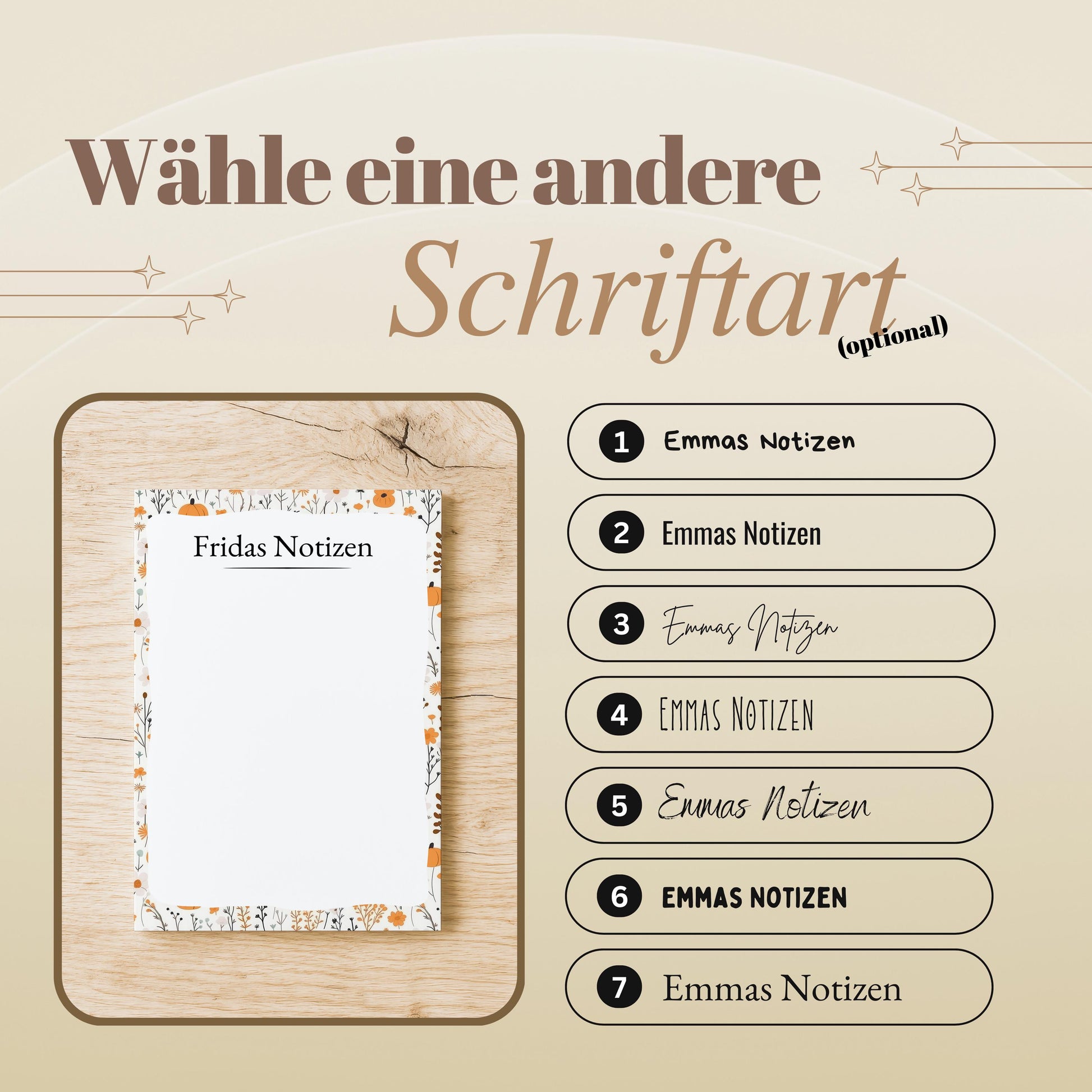 Notizblock Herbst Blumen Design, 10x15 cm, 50 Blatt mit Leimbindung, personalisierbar mit Namen, Handmade