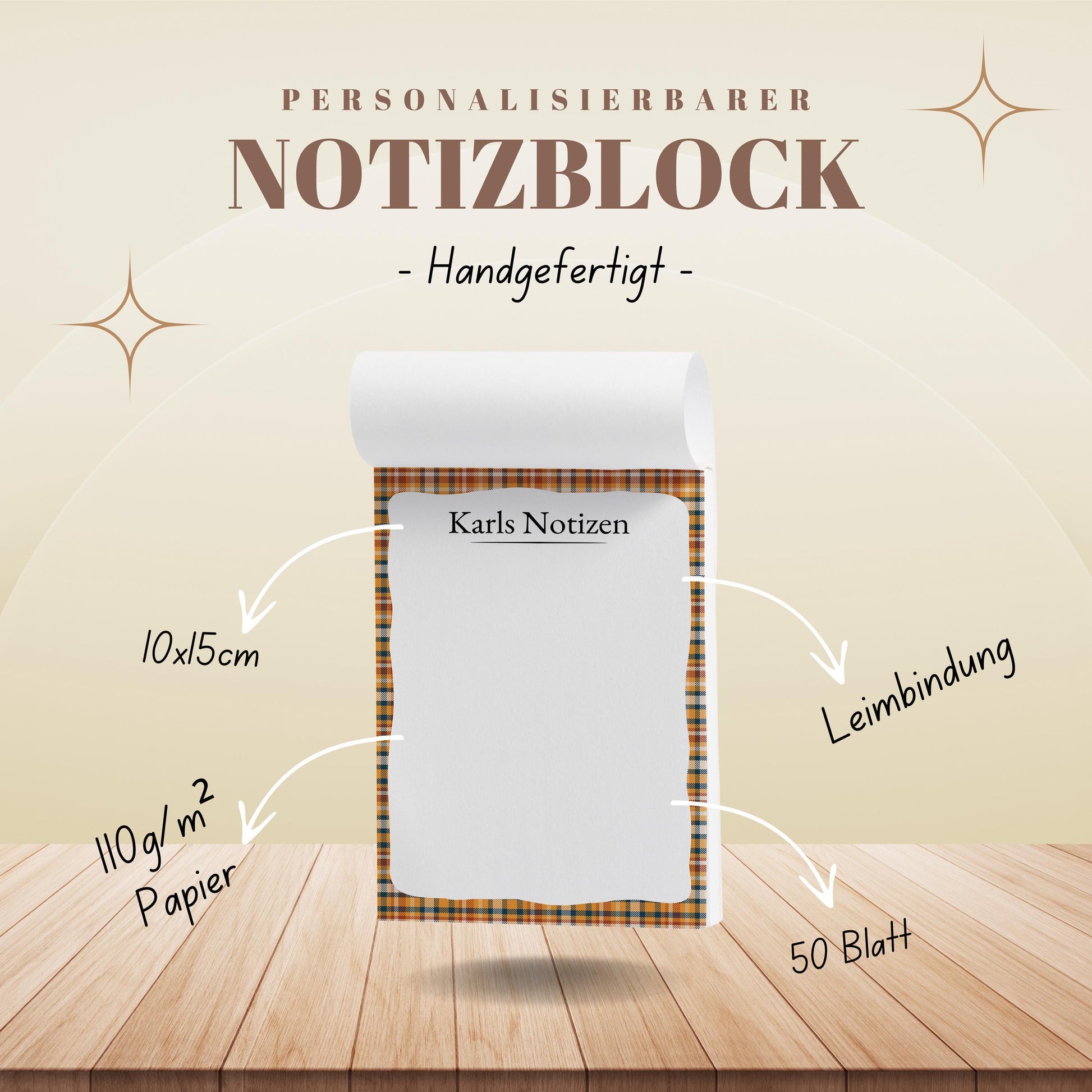 Notizblock Herbst Design, 10x15 cm, 50 Blatt mit Leimbindung, personalisierbar mit Namen, Handmade