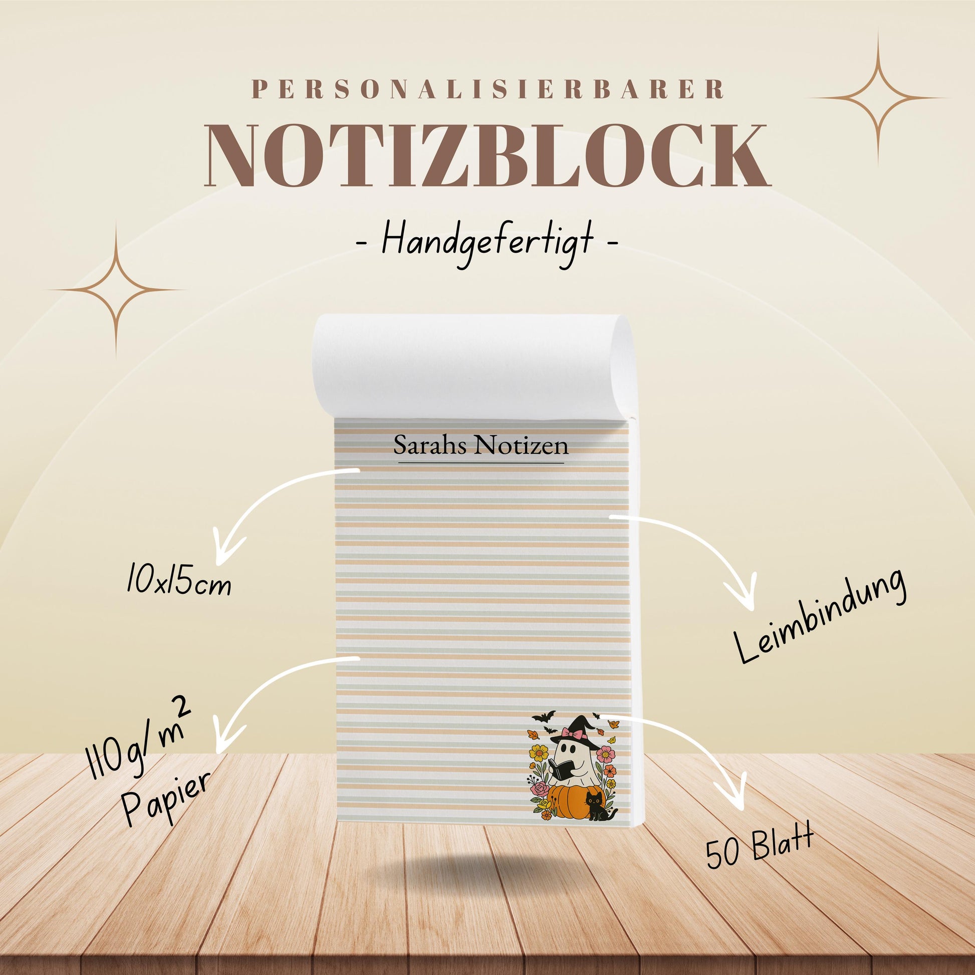 Notizblock Geist Design, 10x15 cm, 50 Blatt mit Leimbindung, personalisierbar mit Namen, Handmade