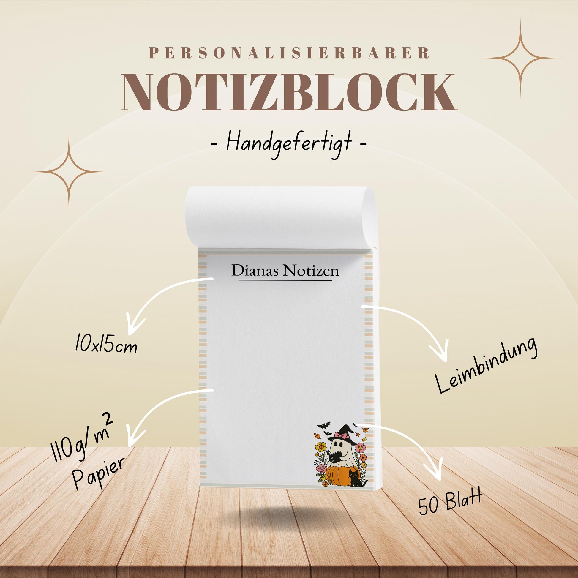 Notizblock Geist Design, 10x15 cm, 50 Blatt mit Leimbindung, personalisierbar mit Namen, Handmade