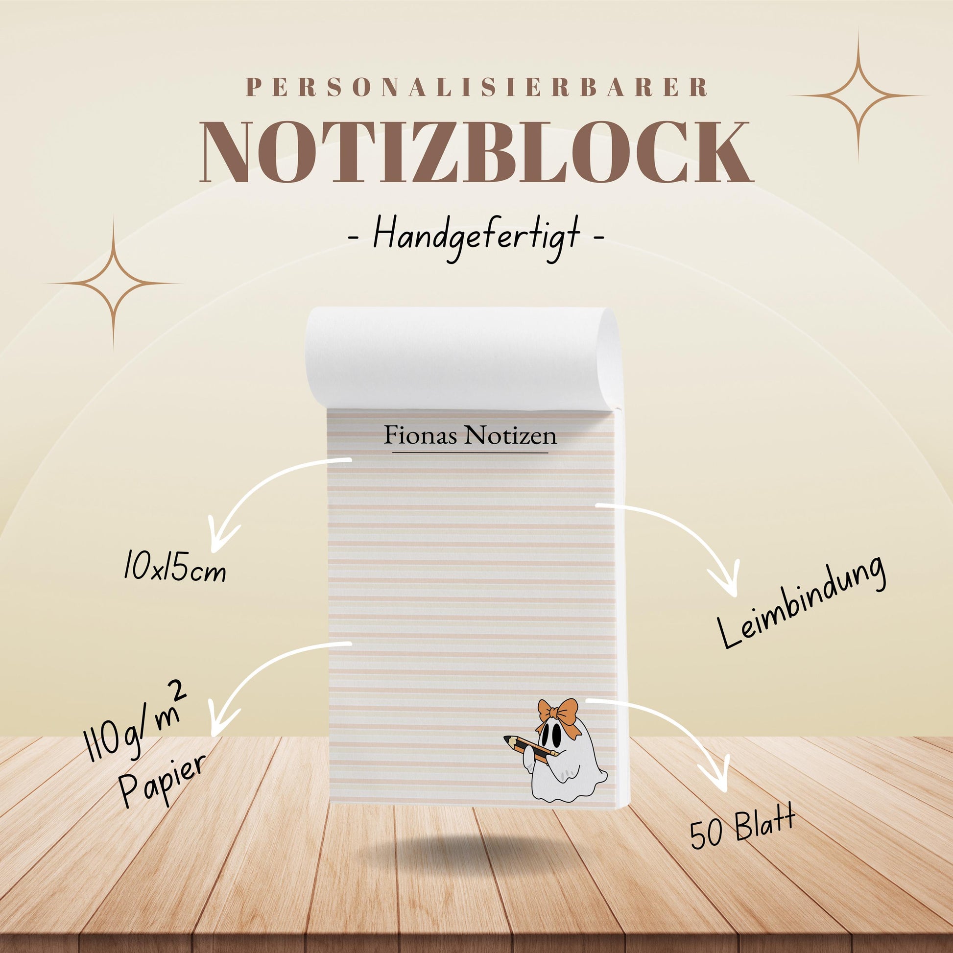 Notizblock Geist Design, 10x15 cm, 50 Blatt mit Leimbindung, personalisierbar mit Namen, Handmade