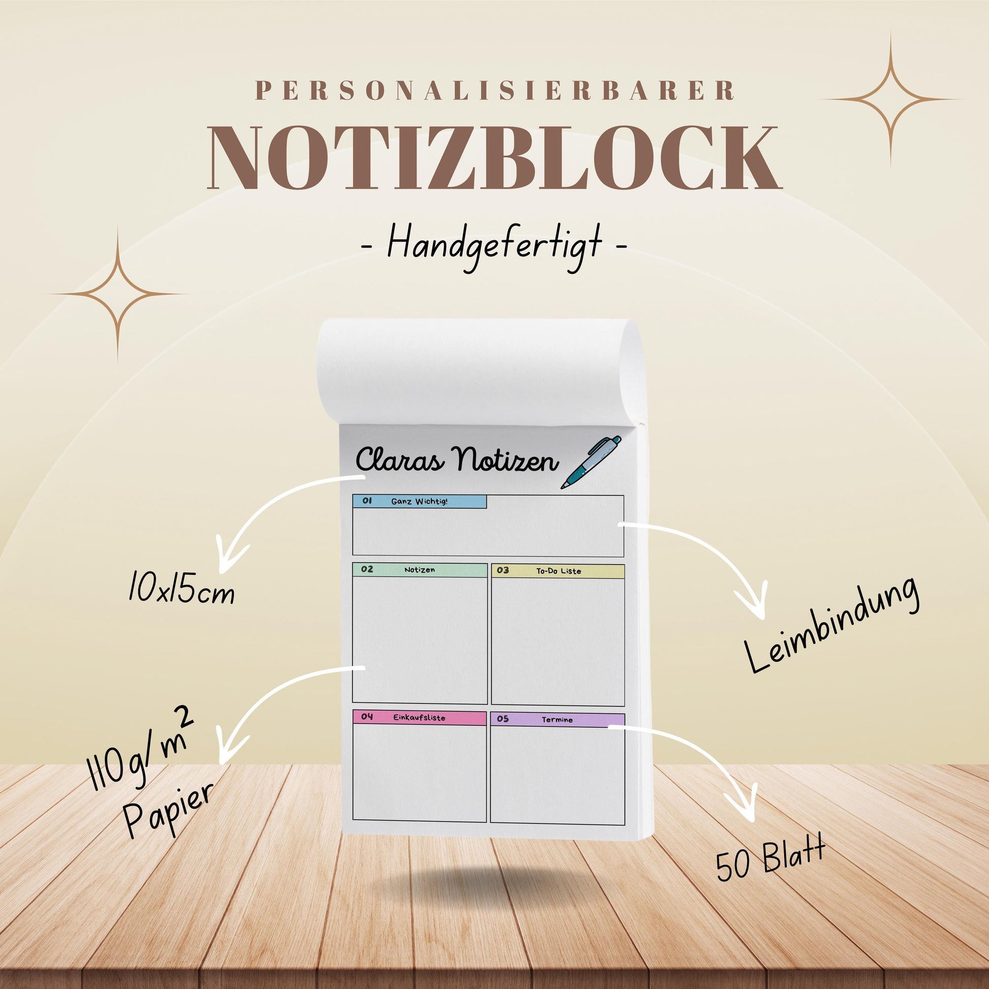 Notizblock Office Design, 10x15 cm, 50 Blatt mit Leimbindung, personalisierbar mit Namen, Handmade