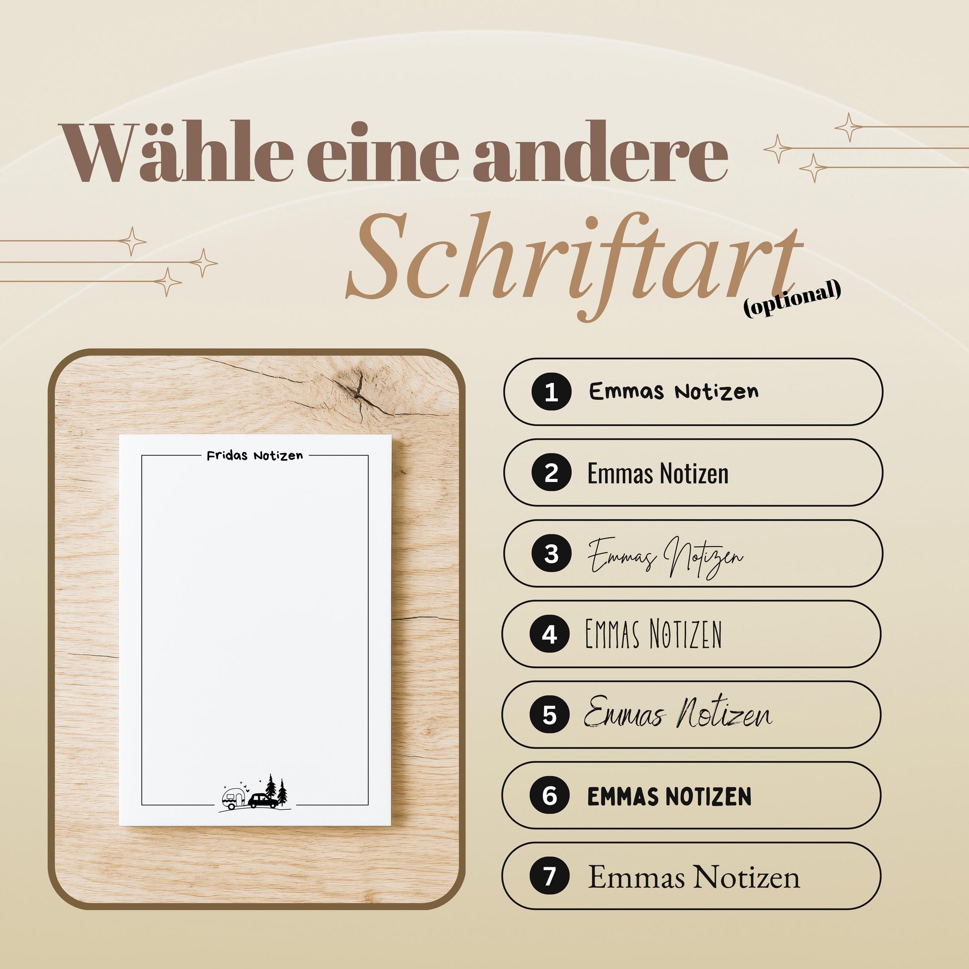 Notizblock Camping Design, 10x15 cm, 50 Blatt mit Leimbindung, personalisierbar mit Namen, Handmade